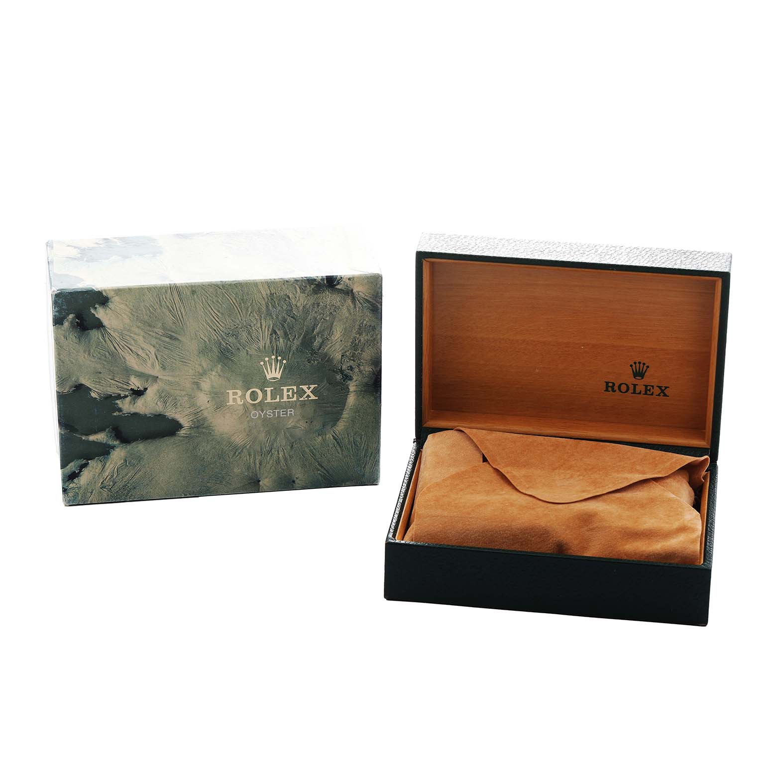 The image shows a Rolex Vintage Collection 6694 Men's Stainless Steel Black Dial watch box, featuring an open interior with a soft cover and a closed outer box.