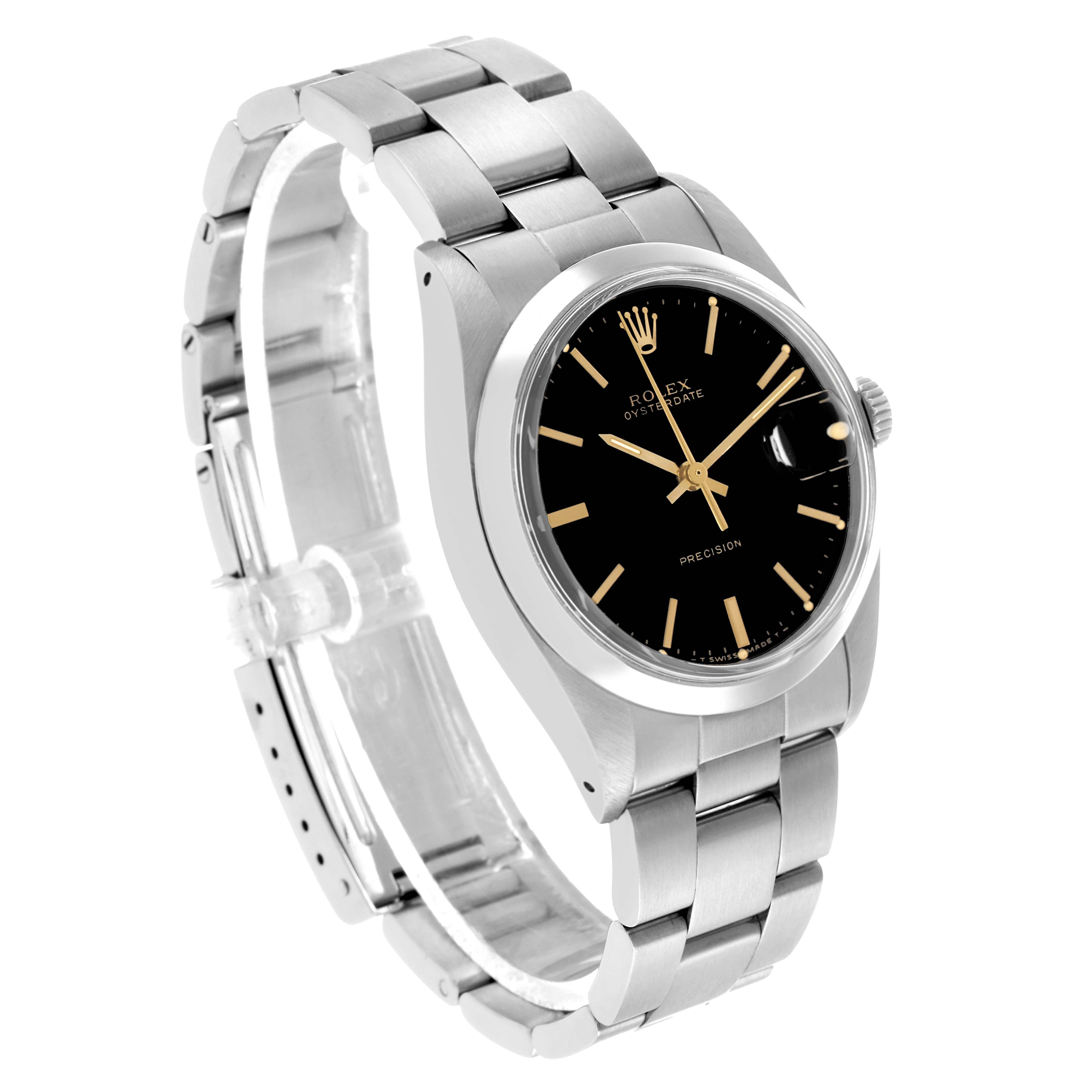 The Rolex Vintage Collection 6694 Men's Stainless Steel Black Dial watch is shown at a slightly tilted angle, displaying the black dial, silver bracelet, and crown.