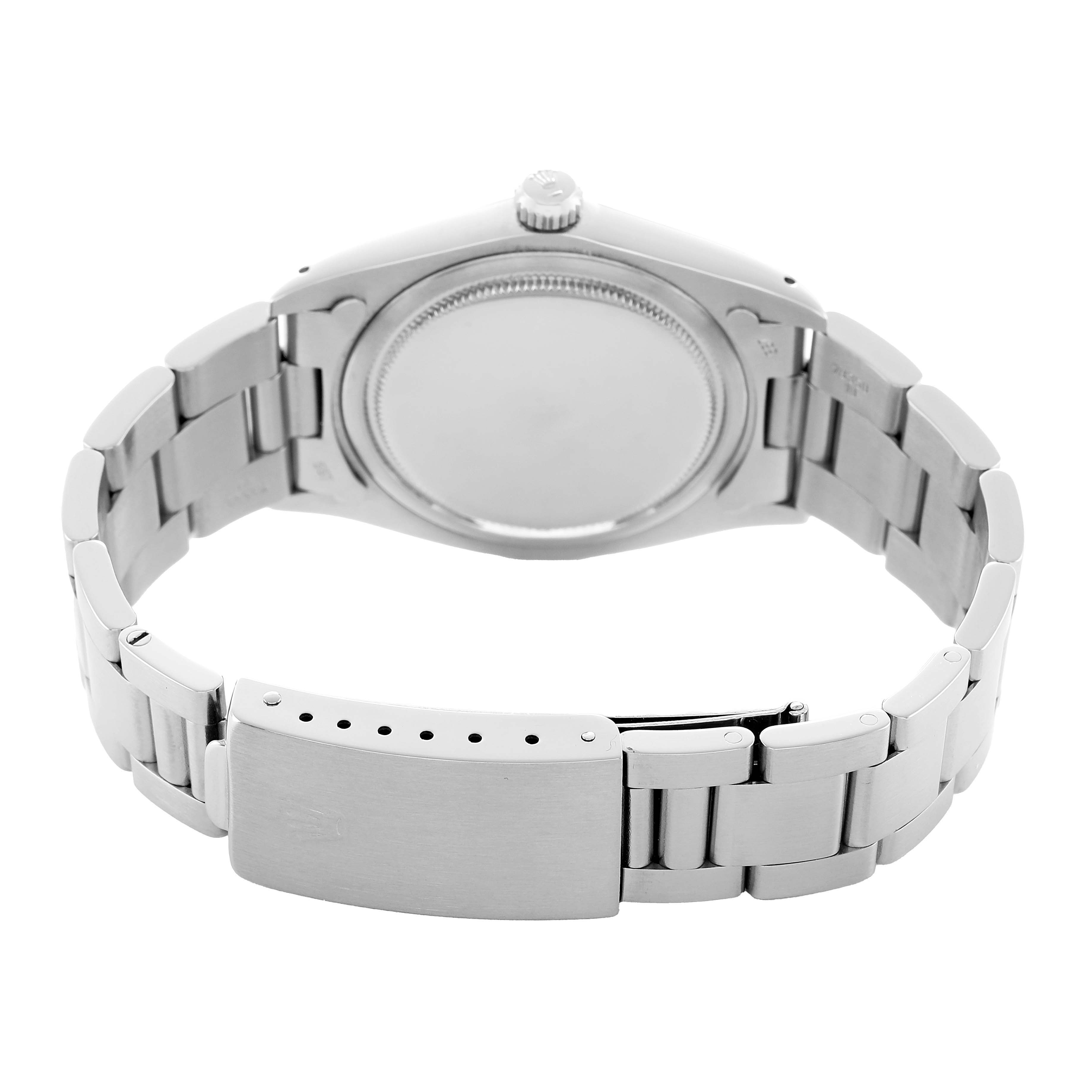 The image shows the back of the Rolex Vintage Collection 6694 Men's Stainless Steel Black Dial watch, highlighting the bracelet and clasp from a rear angle.