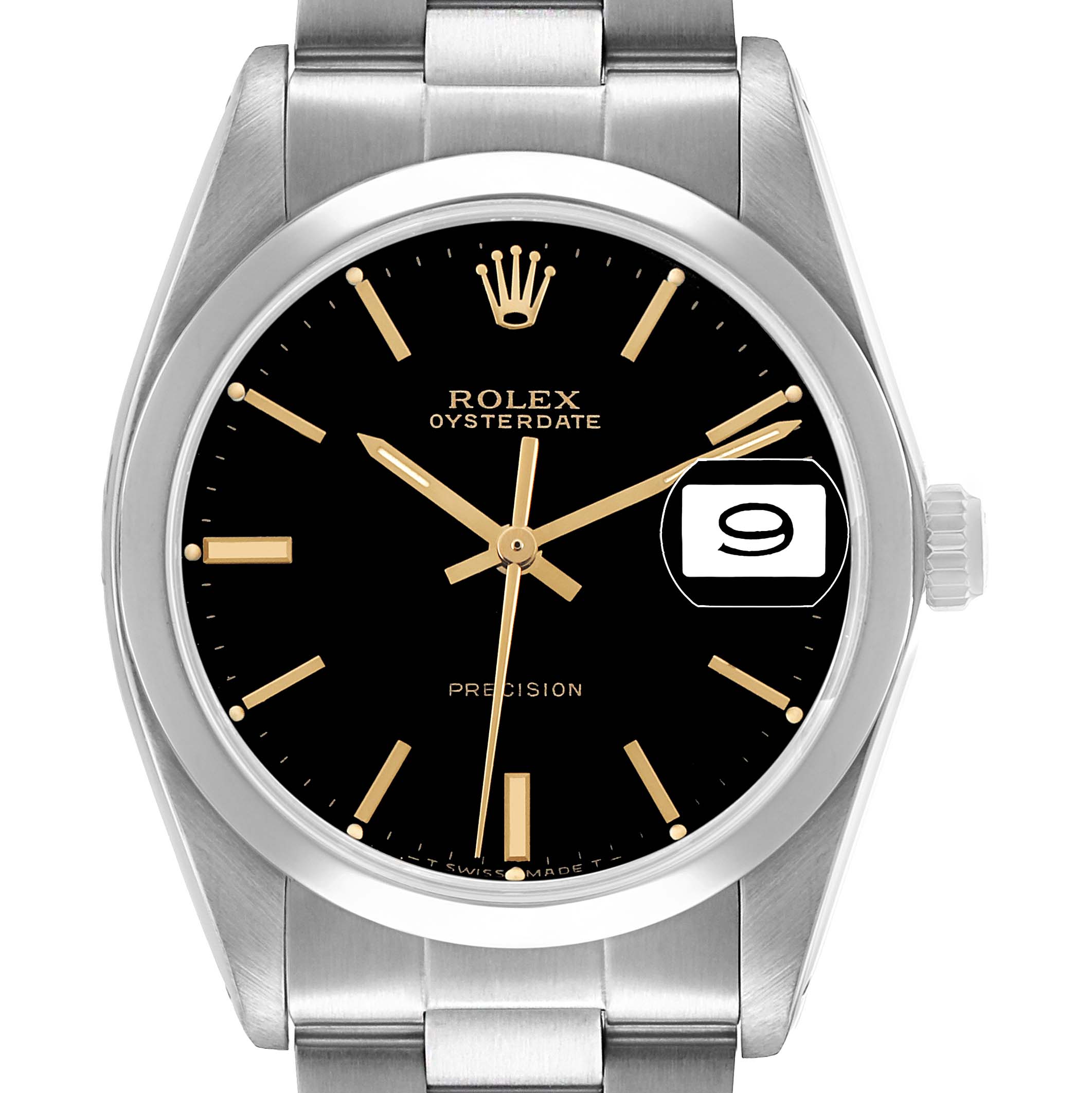 The Rolex Vintage Collection 6694 Men's Stainless Steel Black Dial watch is shown from a front angle, displaying its face, bezel, bracelet, and crown.
