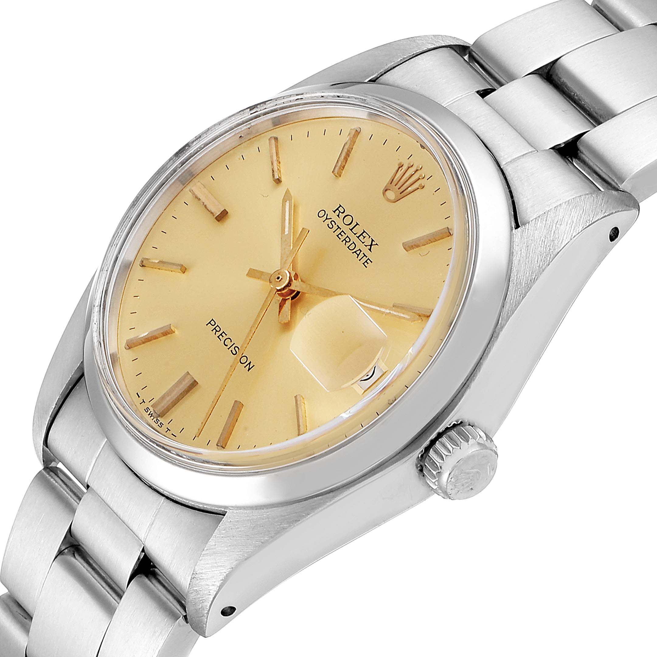 The image shows a top-side view of a Vintage Collection Rolex Oysterdate watch, highlighting the dial, bezel, and bracelet.