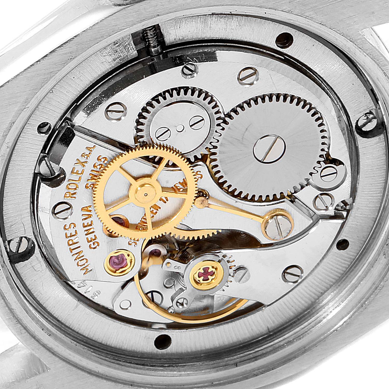 The image shows the internal mechanical movement of the Vintage Collection model by Rolex from a back view.