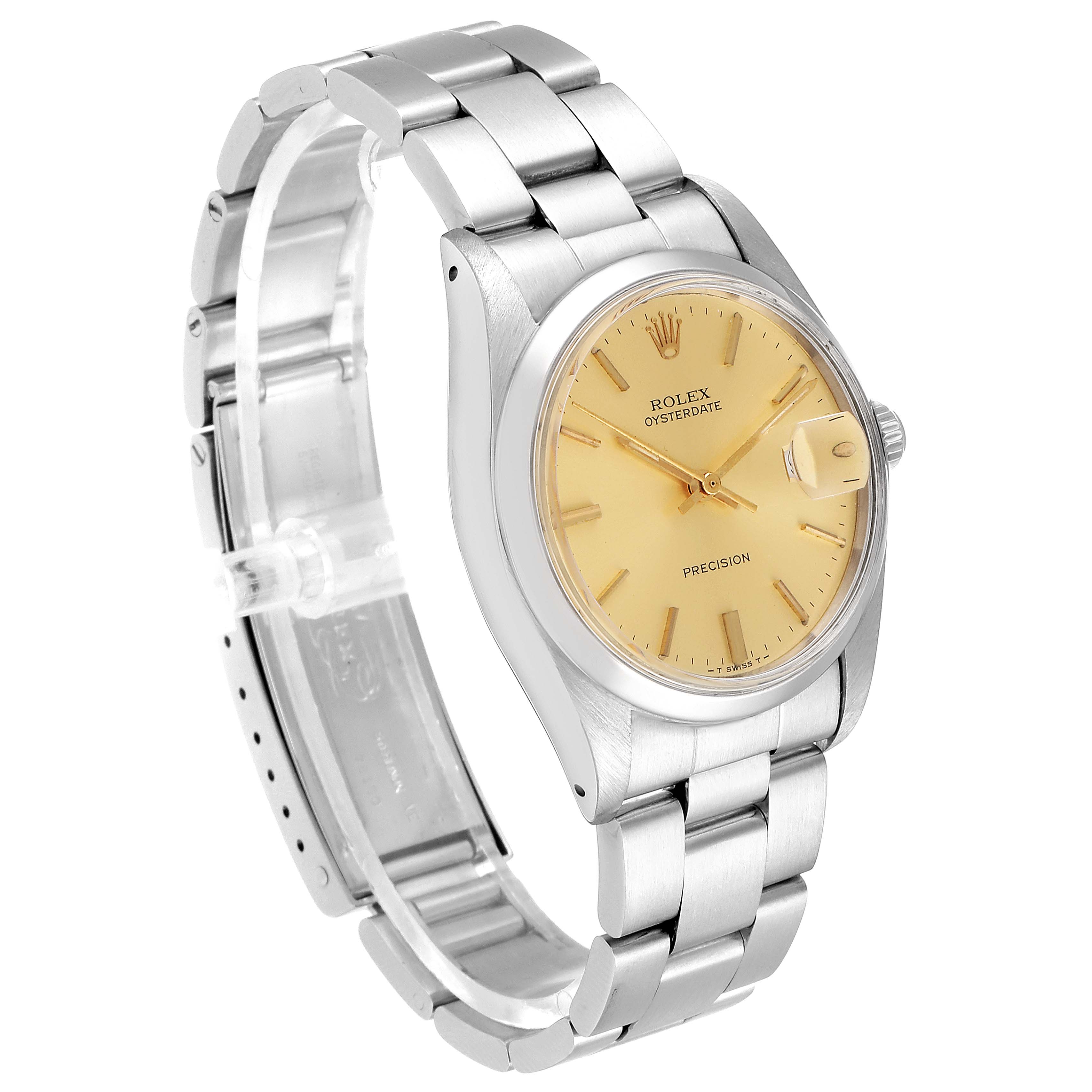 The image shows a side-angle view of a Vintage Collection Rolex Oysterdate watch featuring a yellow dial and stainless steel bracelet.