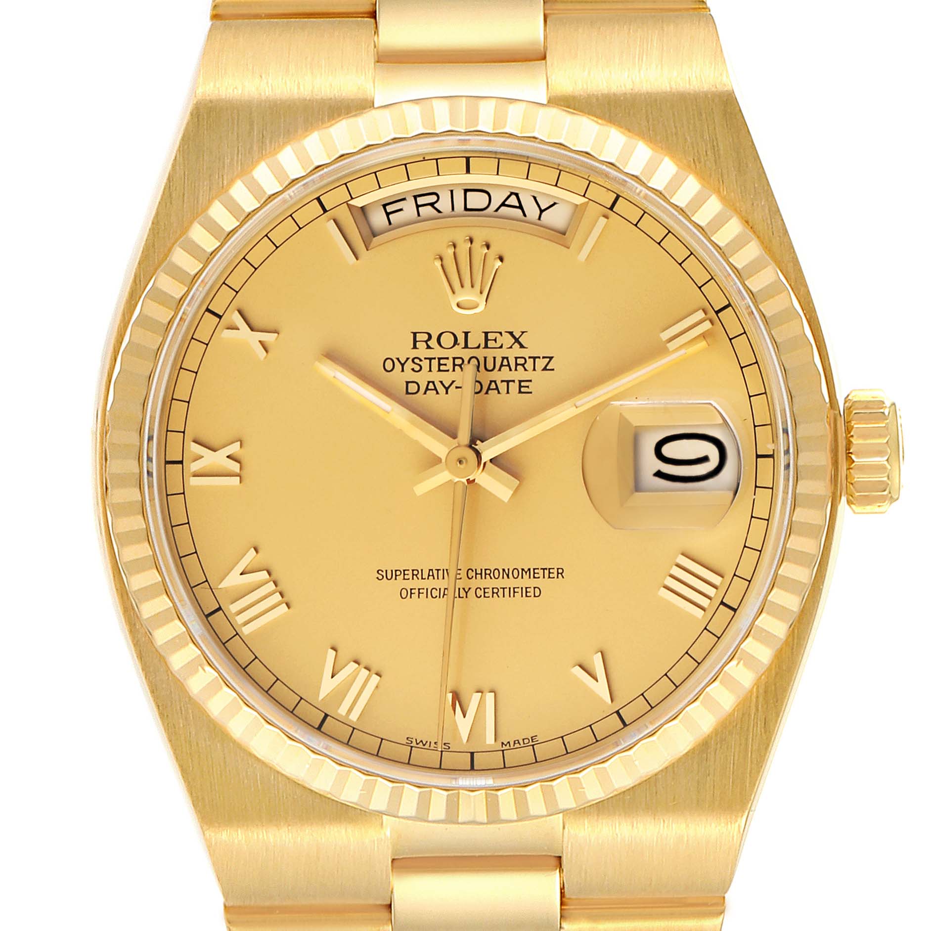 This image shows a front view of the Rolex Oysterquartz 19018 Men's Yellow Gold Champagne Dial 19018 Men's Yellow Gold Champagne Dial Day-Date watch, highlighting its gold dial, fluted bezel, crown, and bracelet.