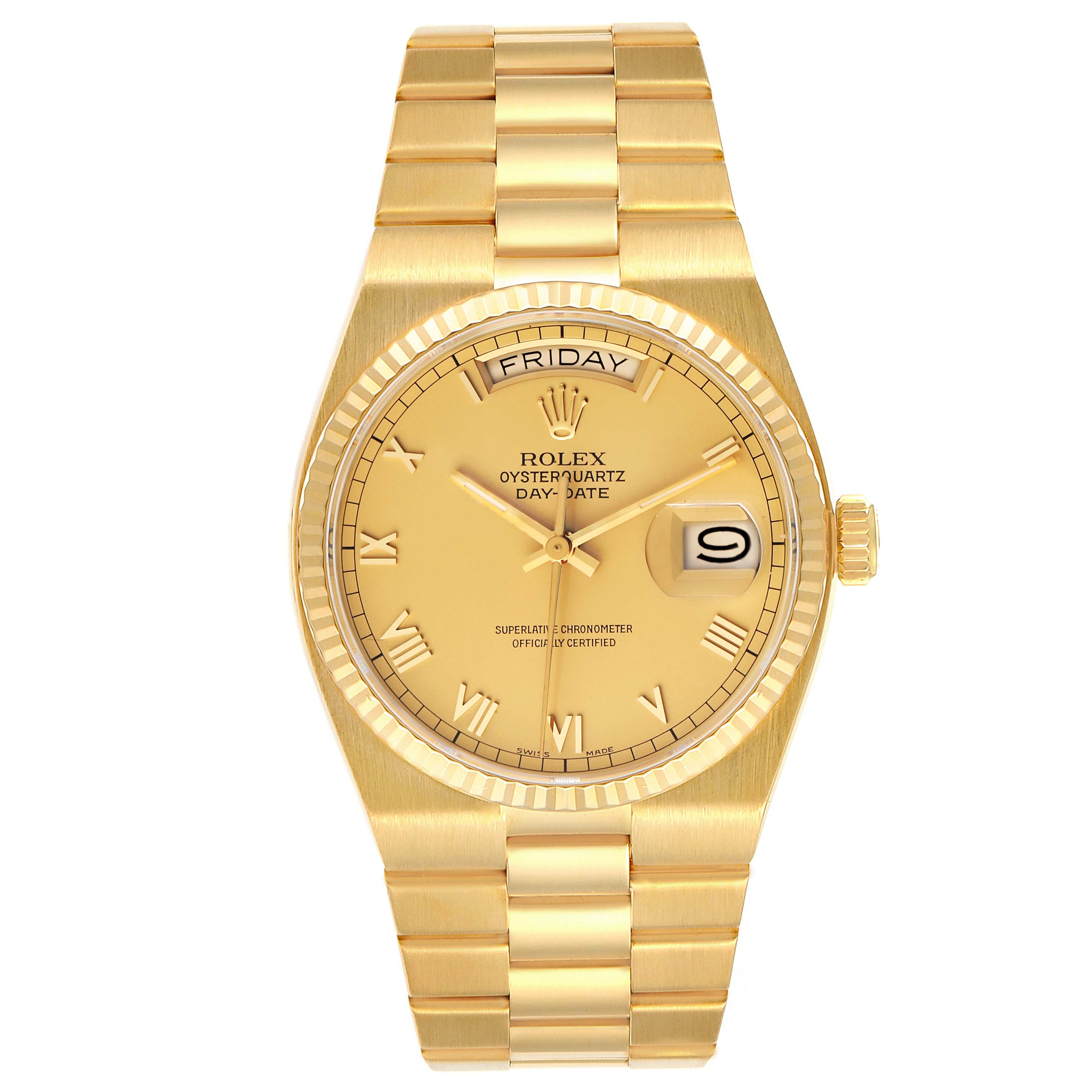 The image shows a front view of a Rolex Oysterquartz 19018 Men's Yellow Gold Champagne Dial 19018 Men's Yellow Gold Champagne Dial Day-Date watch, displaying the dial, bracelet, and crown.