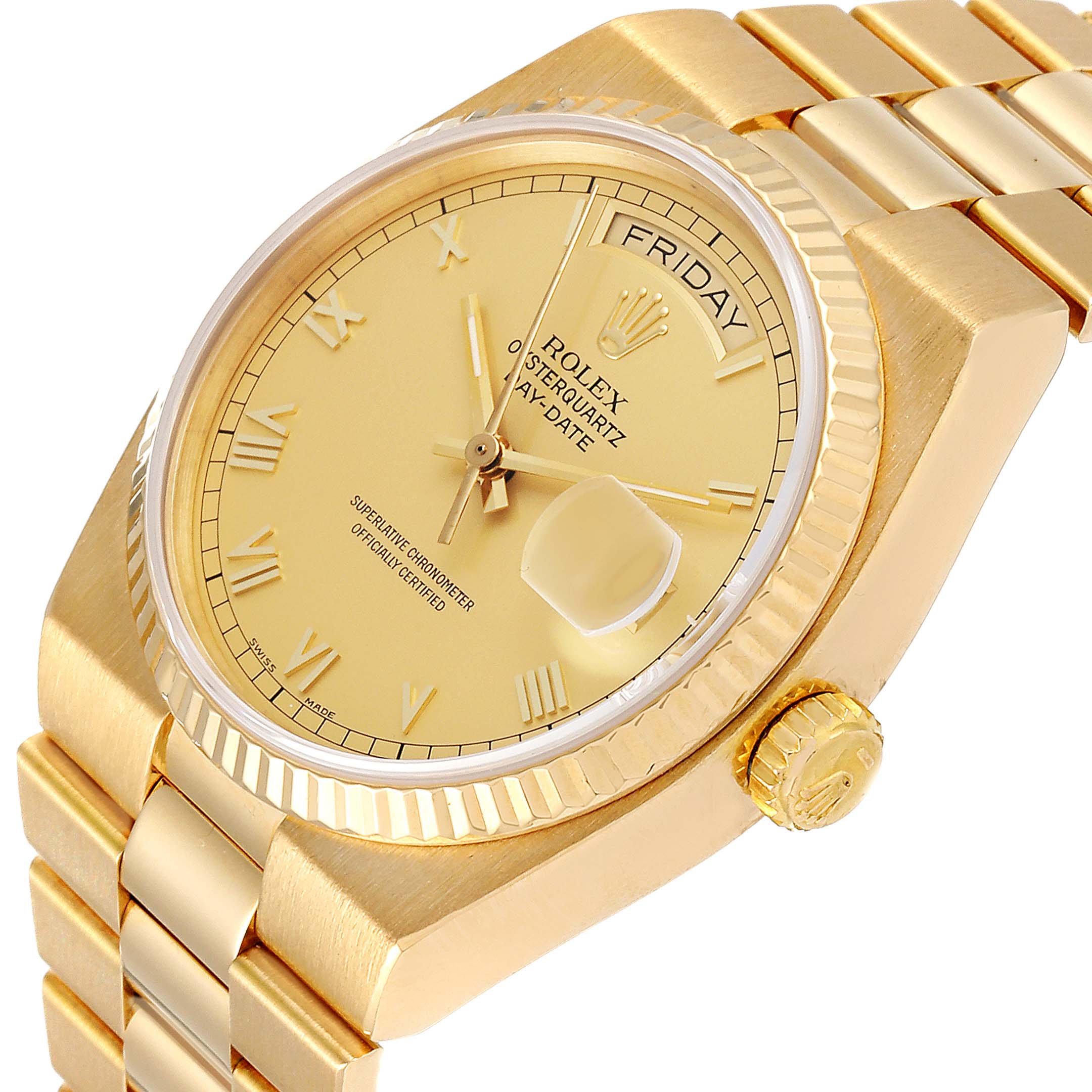 The image shows a close-up angle of the Rolex Oysterquartz 19018 Men's Yellow Gold Champagne Dial 19018 Men's Yellow Gold Champagne Dial model watch, highlighting the dial, crown, and part of the bracelet.