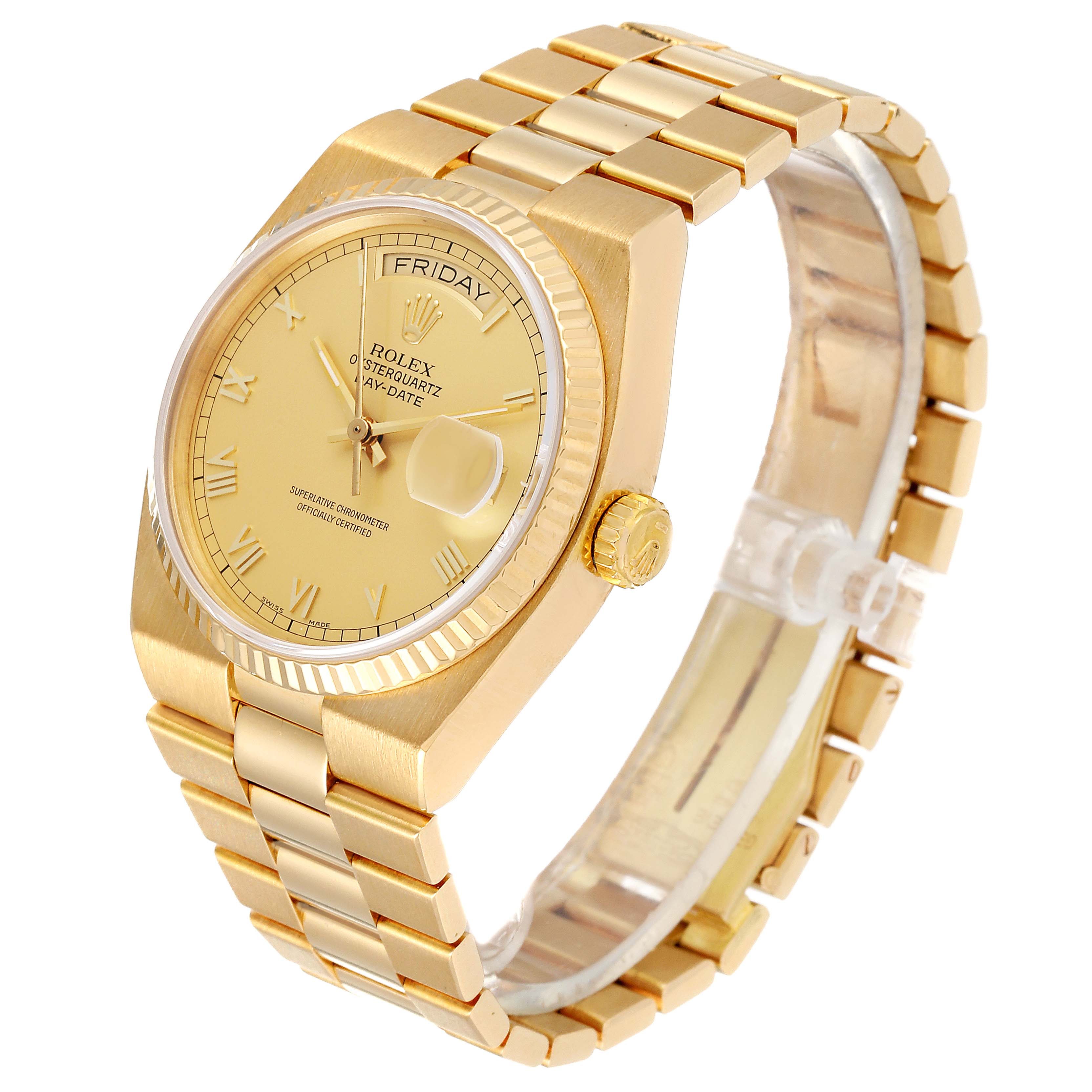 This image displays a gold Rolex Oysterquartz 19018 Men's Yellow Gold Champagne Dial 19018 Men's Yellow Gold Champagne Dial Day-Date watch at a three-quarter angle, highlighting its face, case, crown, and bracelet.