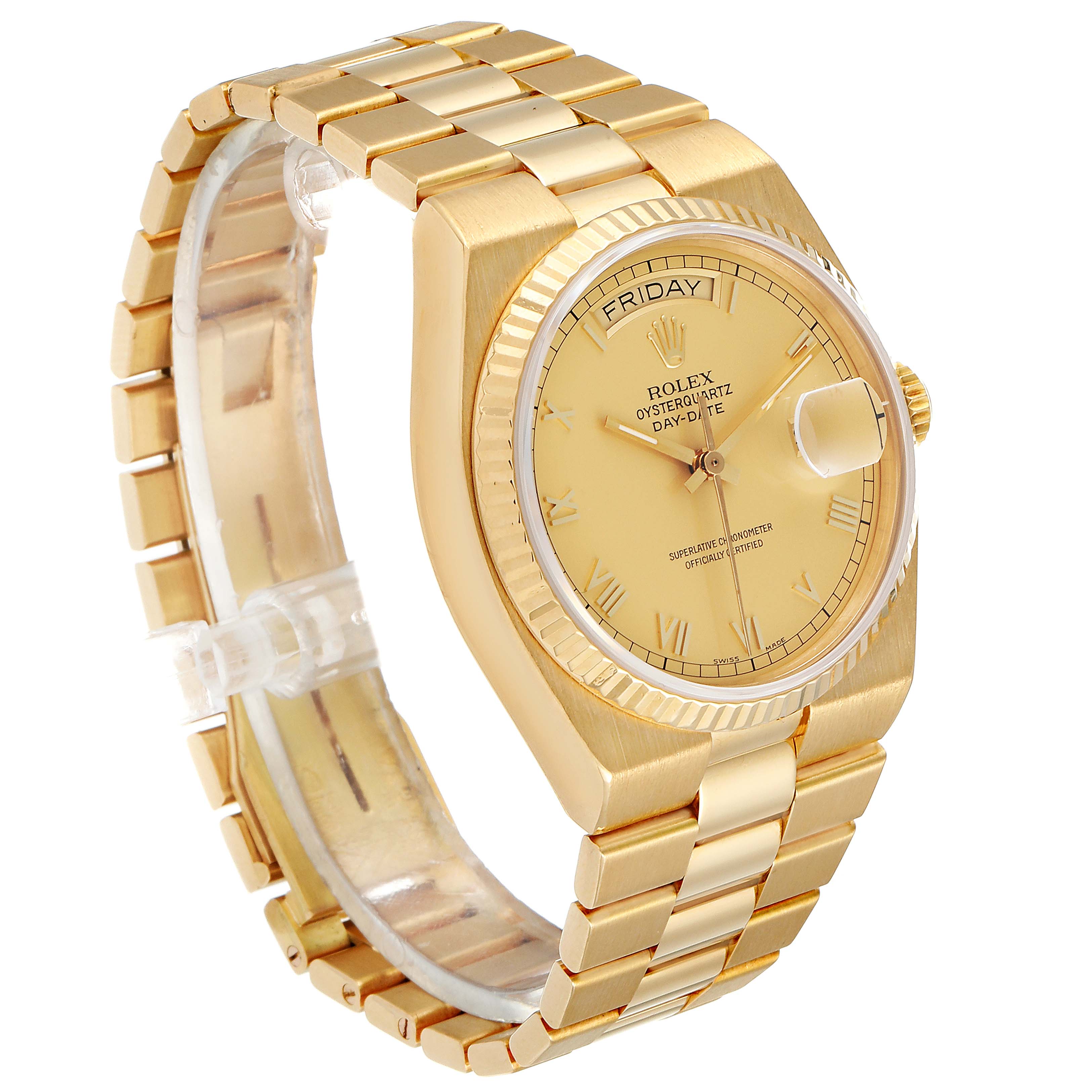 The image shows a Rolex Oysterquartz 19018 Men's Yellow Gold Champagne Dial 19018 Men's Yellow Gold Champagne Dial Day-Date watch at a three-quarter angle, highlighting the dial, bezel, and bracelet.
