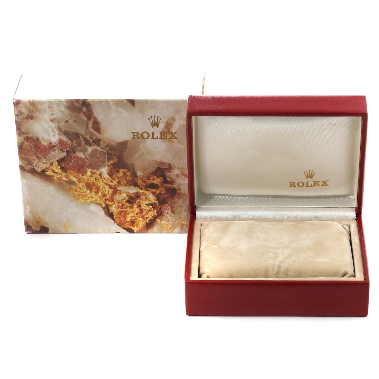 The image shows a Rolex President 69138G Women
s Yellow Gold Champagne Dial 69138G Women
s Yellow Gold Champagne Dial model watch box and its outer box from a front angle.