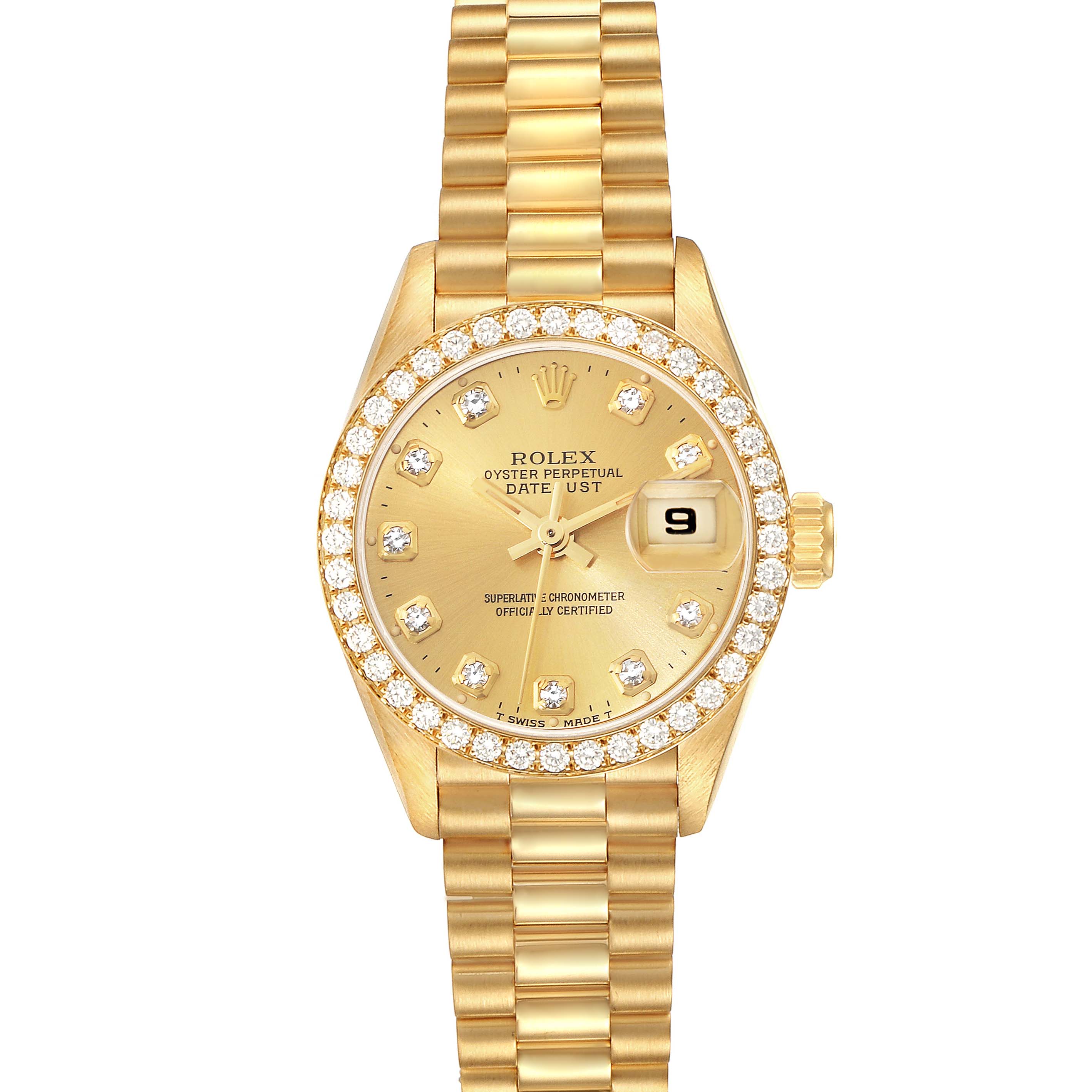 The image shows a Rolex President 69138G Women
s Yellow Gold Champagne Dial 69138G Women
s Yellow Gold Champagne Dial model watch from a front angle, featuring its gold case, diamond bezel, and bracelet.