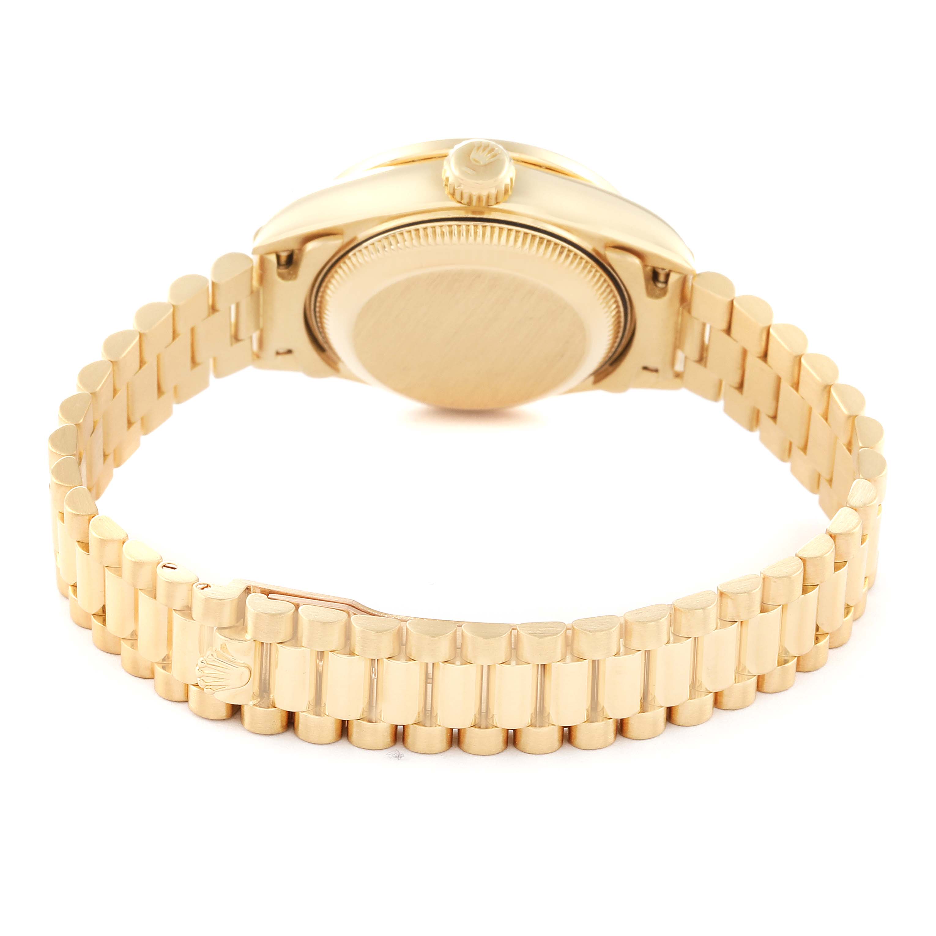 The image shows the back view of a Rolex President 69138G Women
s Yellow Gold Champagne Dial 69138G Women
s Yellow Gold Champagne Dial model watch, highlighting the case back and bracelet.