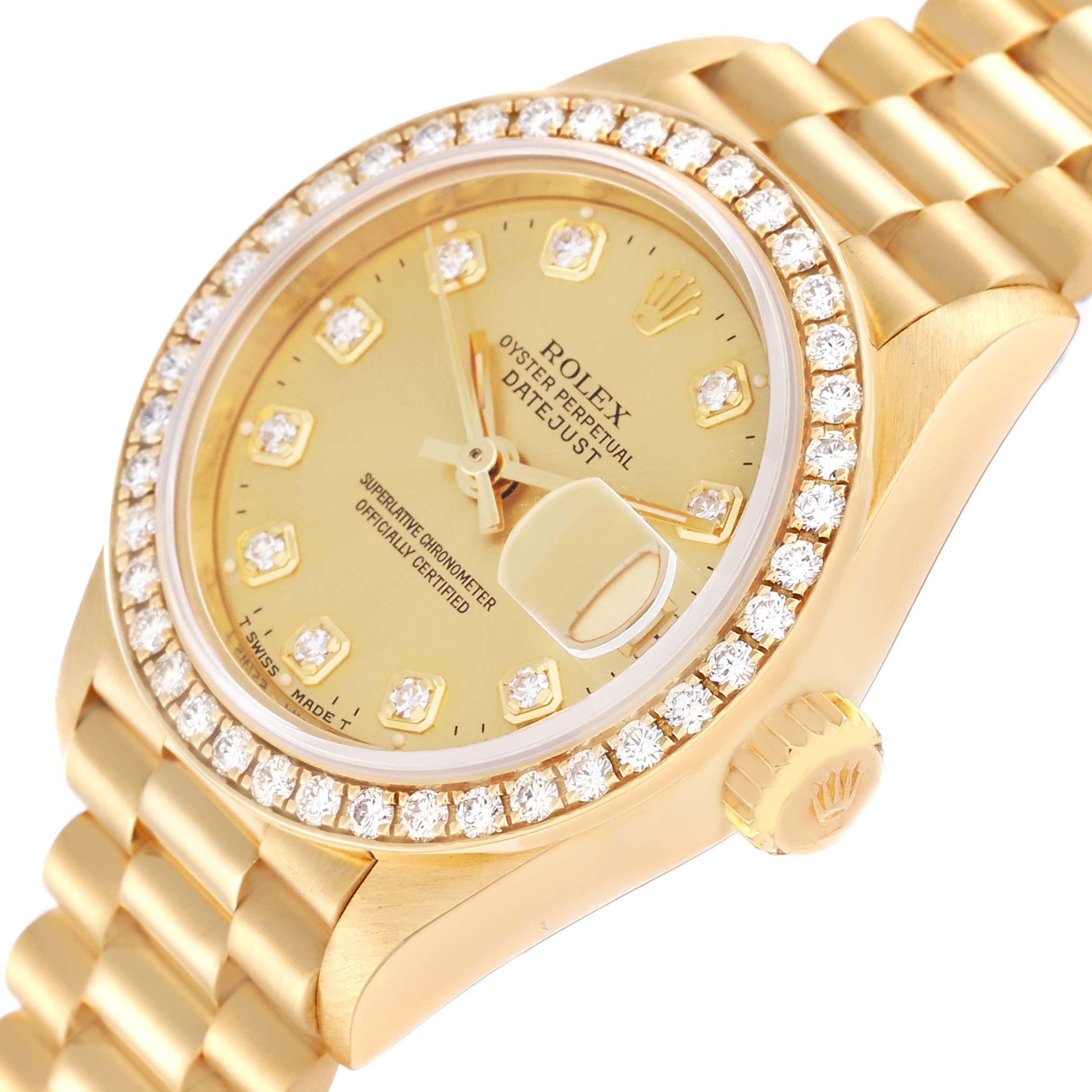 The image shows a close-up of the Rolex President 69138G Women
s Yellow Gold Champagne Dial 69138G Women
s Yellow Gold Champagne Dial model watch, featuring a gold case, diamond bezel, dial, and part of the bracelet.