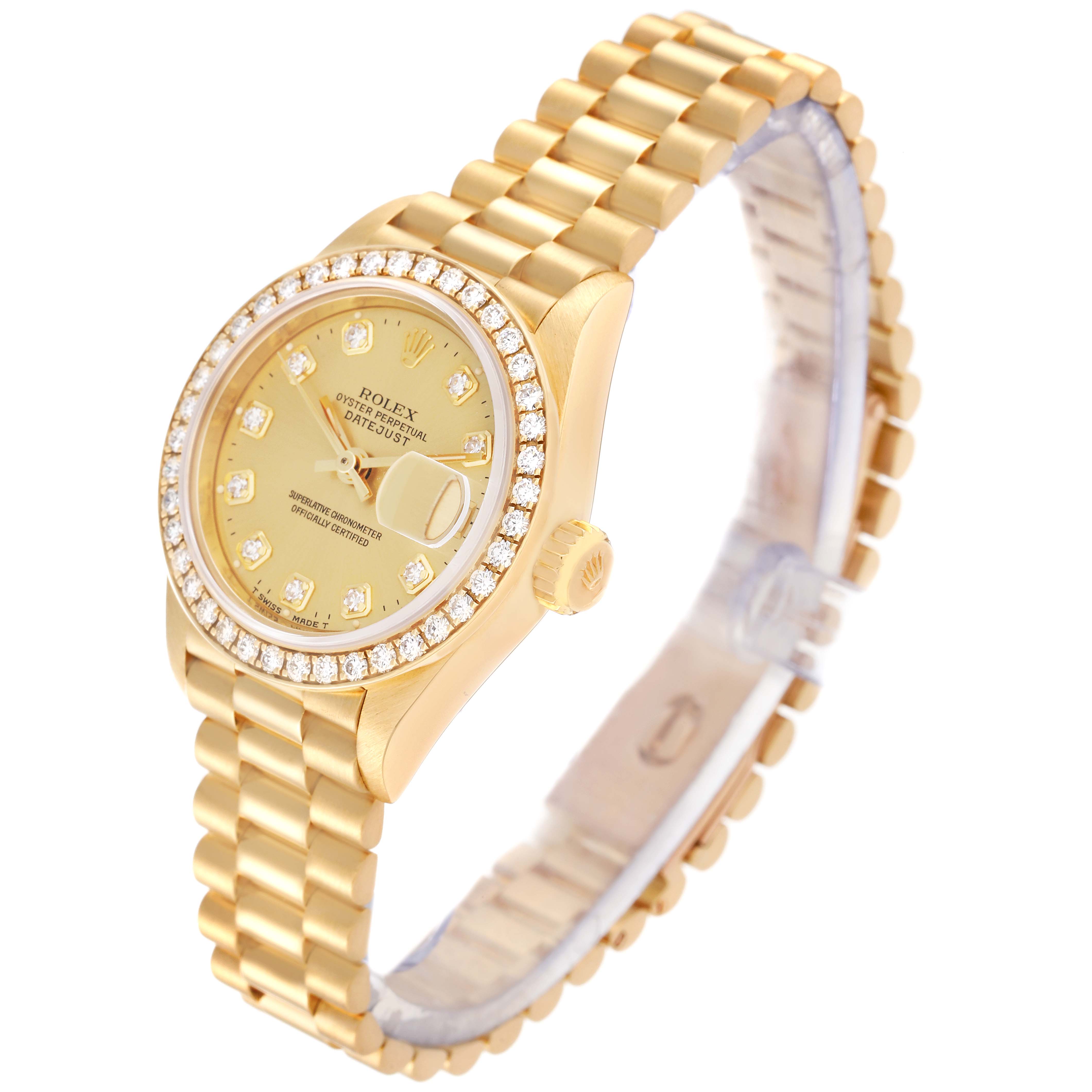 The Rolex President 69138G Women
s Yellow Gold Champagne Dial 69138G Women
s Yellow Gold Champagne Dial model watch is shown at a slight right angle, displaying its bracelet, dial, and bezel adorned with diamonds.