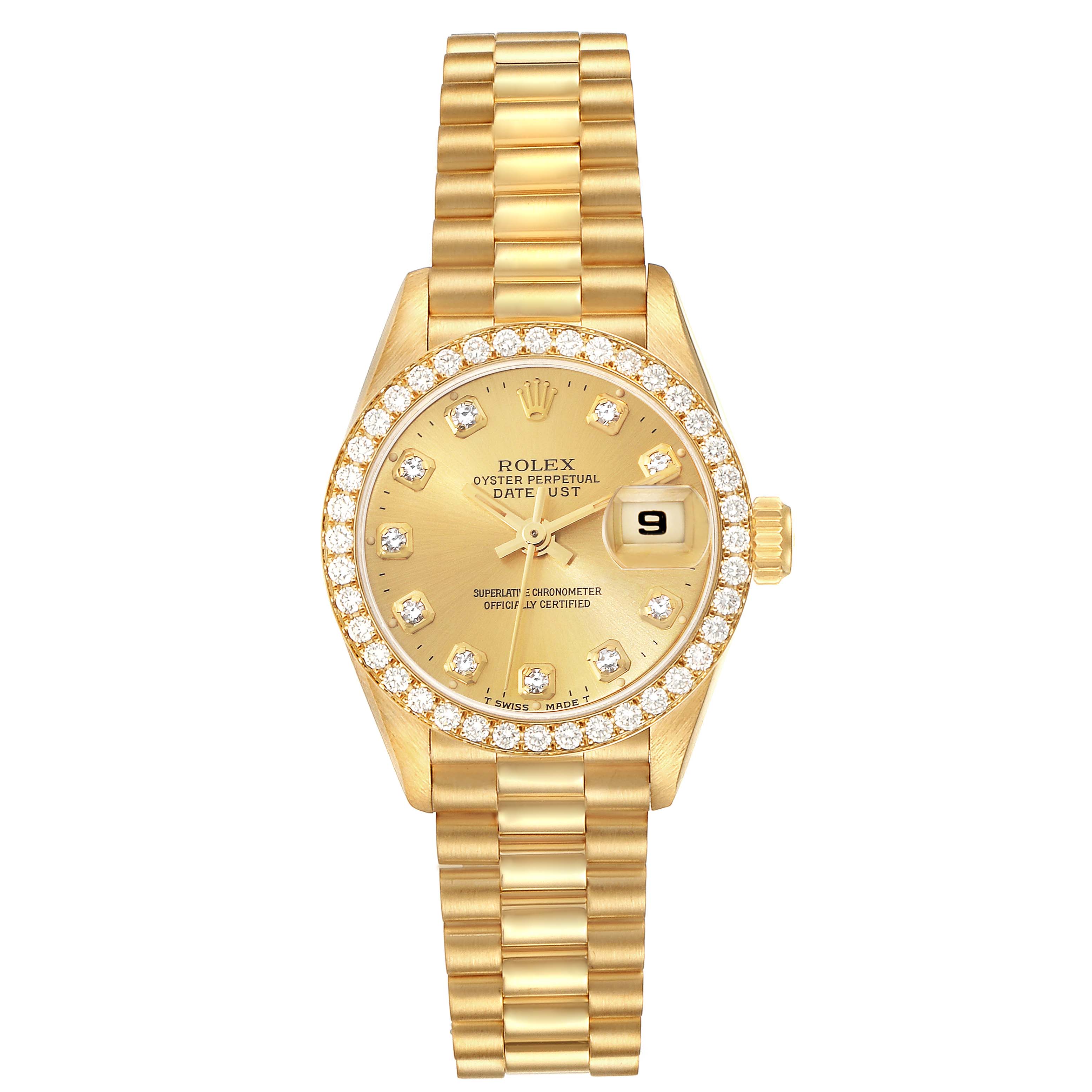 This image shows a frontal view of a gold Rolex President 69138G Women
s Yellow Gold Champagne Dial 69138G Women
s Yellow Gold Champagne Dial model with a diamond-studded bezel, dial, and bracelet.