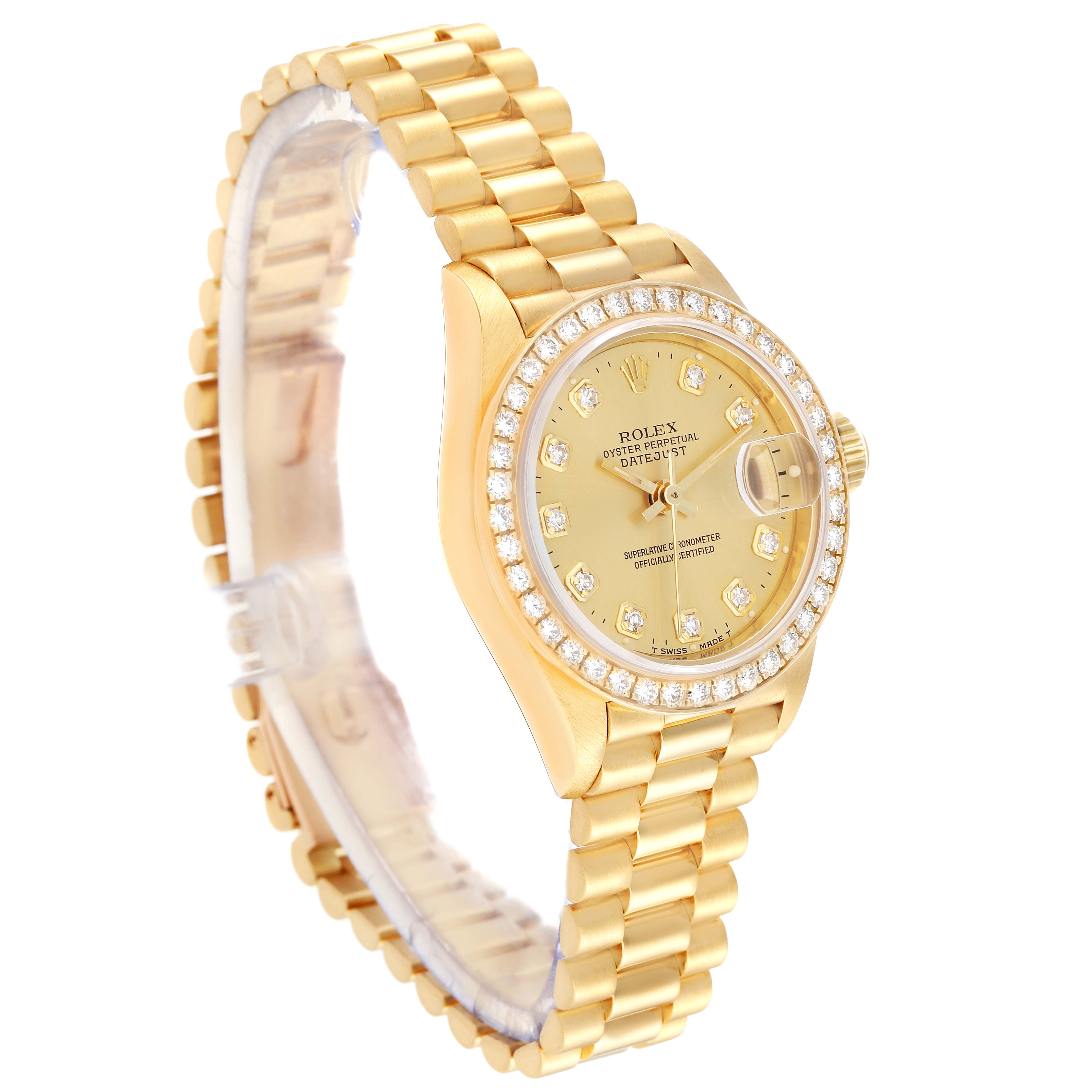 The image shows a Rolex President 69138G Women
s Yellow Gold Champagne Dial 69138G Women
s Yellow Gold Champagne Dial model watch, angled to display the gold bracelet, diamond-encrusted bezel, and dial.