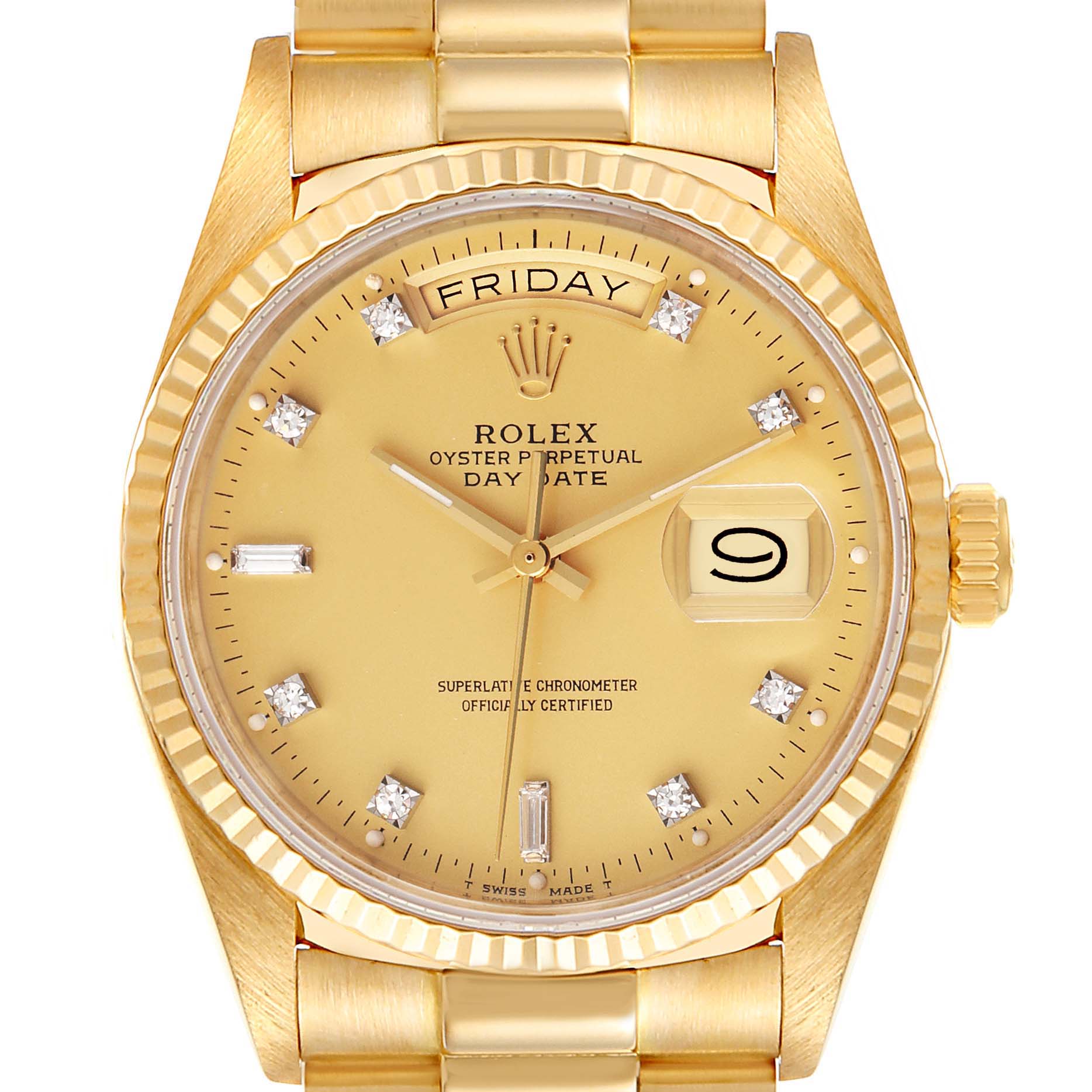 This is a front view of a Rolex President 18038 Men's Yellow Gold Champagne Dial 18038 Men's Yellow Gold Champagne Dial Day-Date watch, showing its face, bezel, and part of the bracelet.