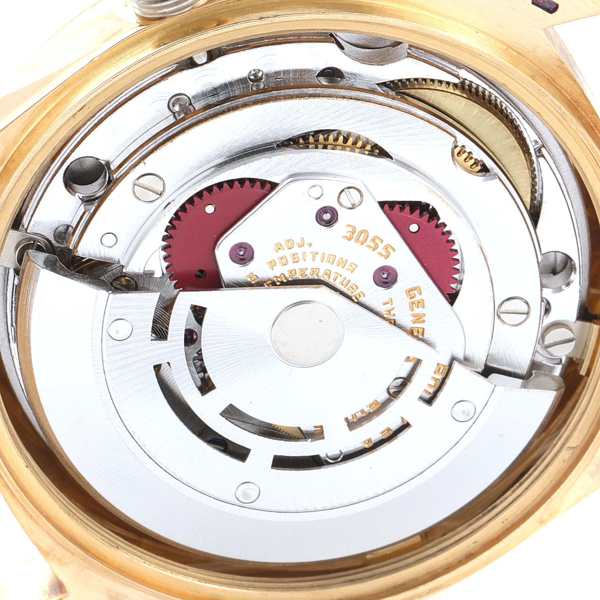 This is a close-up shot of the inner mechanical movement of the Rolex President 18038 Men's Yellow Gold Champagne Dial 18038 Men's Yellow Gold Champagne Dial model watch.