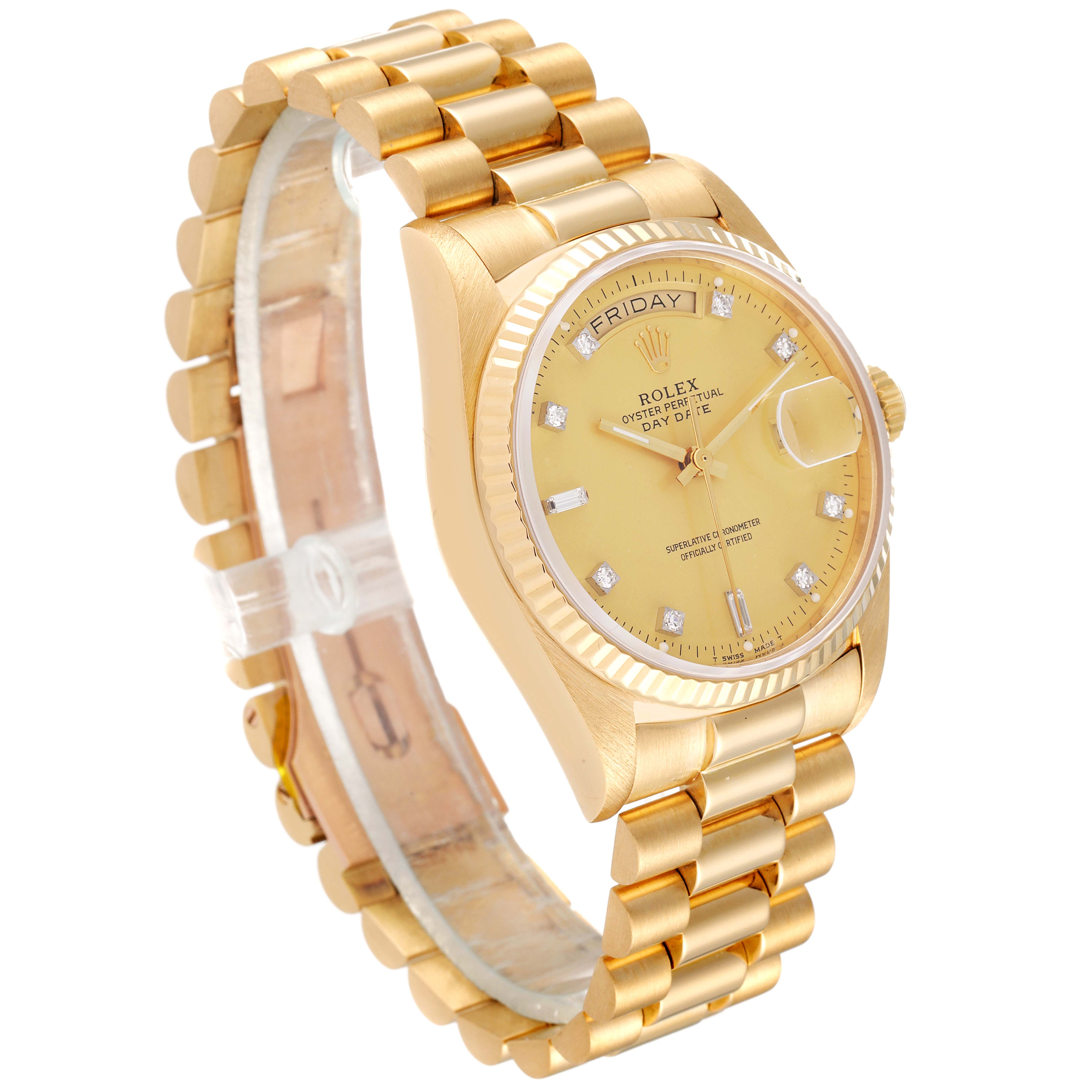 The image shows a Rolex President 18038 Men's Yellow Gold Champagne Dial 18038 Men's Yellow Gold Champagne Dial model watch at a slight side angle, highlighting the dial, bezel, and bracelet.