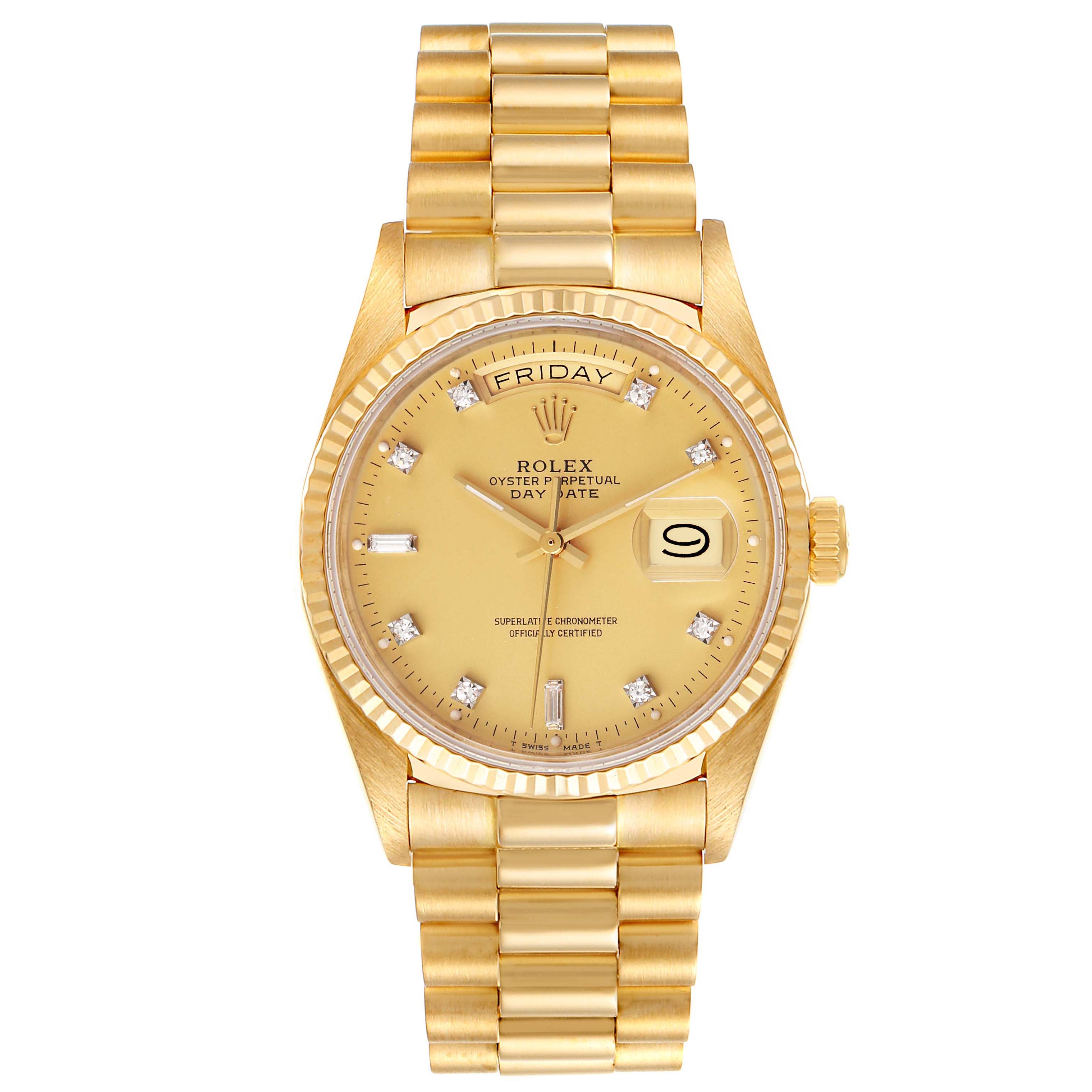 The image shows a front view of a Rolex President 18038 Men's Yellow Gold Champagne Dial 18038 Men's Yellow Gold Champagne Dial model watch, displaying the dial, bezel, day-date feature, and bracelet.
