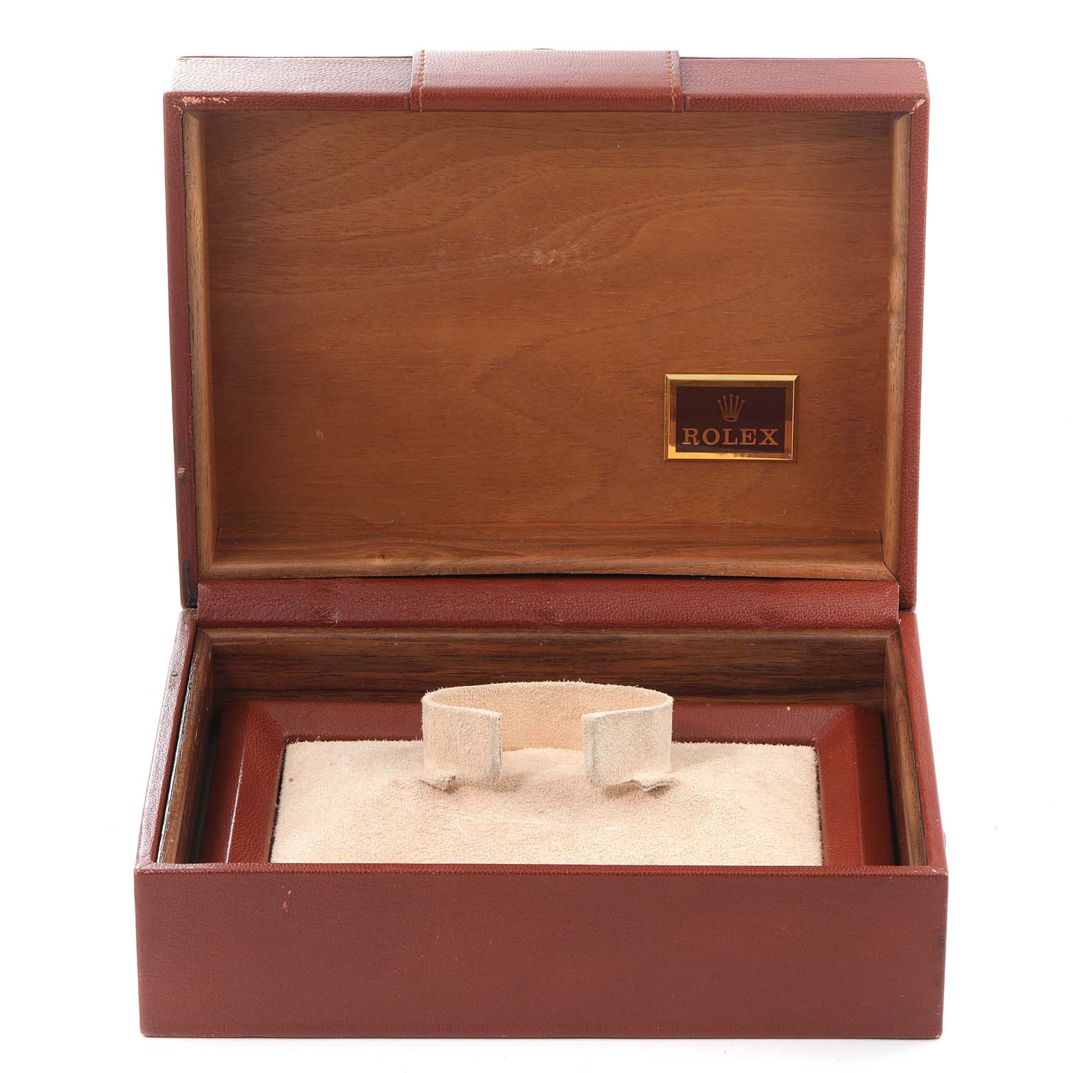This image shows an open Rolex President 18038 Men's Yellow Gold Champagne Dial 18038 Men's Yellow Gold Champagne Dial watch box featuring the brand's logo inside.
