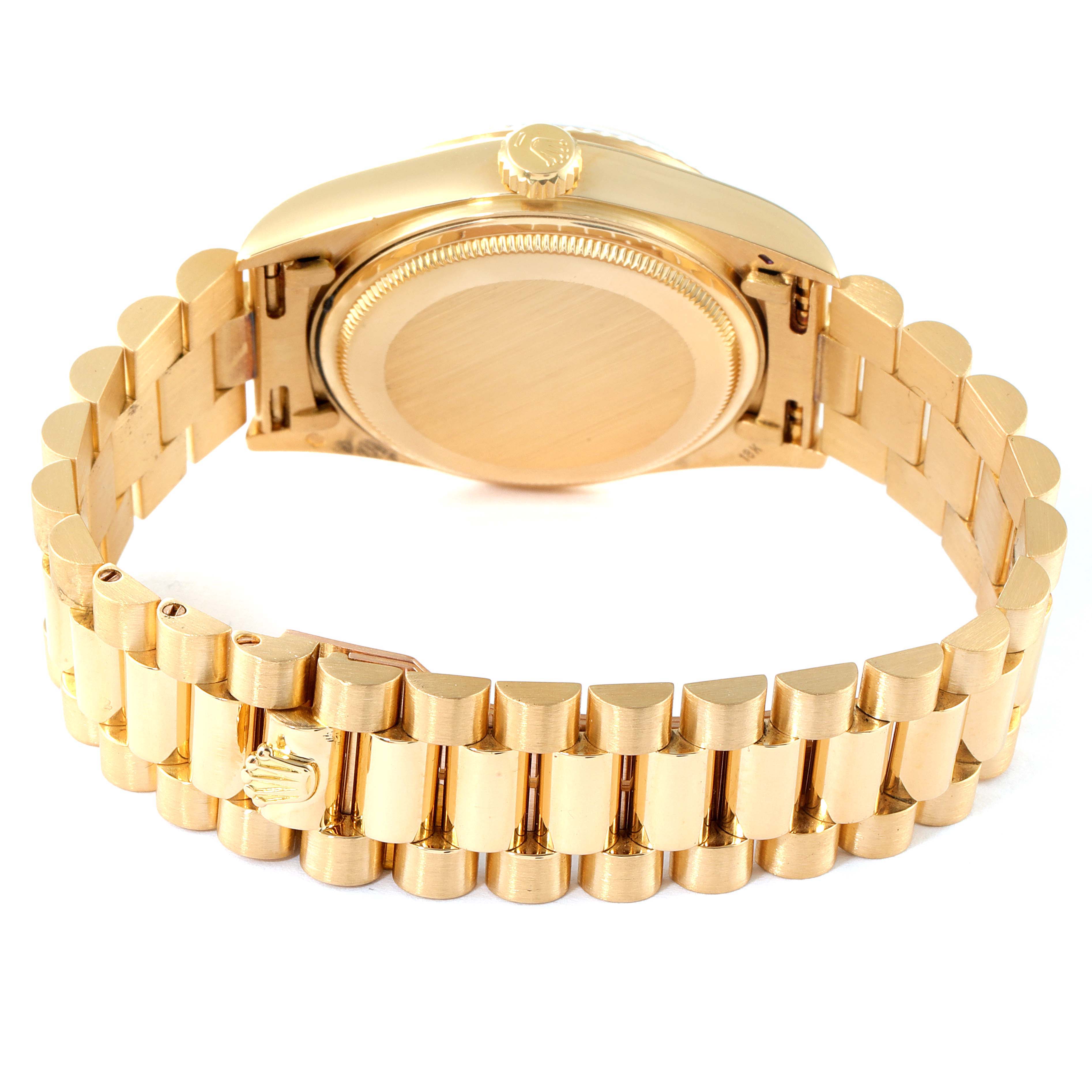 The image shows the back and bracelet of a Rolex President 18038 Men's Yellow Gold Champagne Dial 18038 Men's Yellow Gold Champagne Dial model watch from a rear angle.