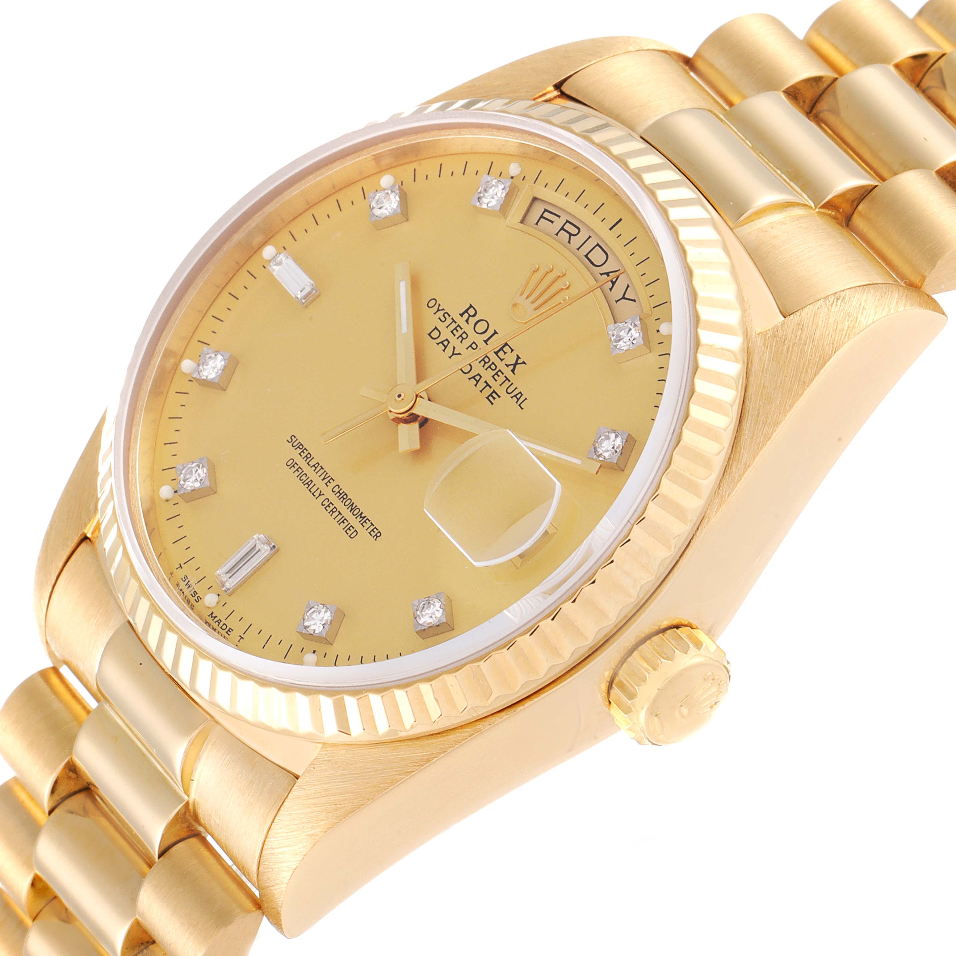 The Rolex President 18038 Men's Yellow Gold Champagne Dial 18038 Men's Yellow Gold Champagne Dial model watch is shown from a diagonally upper angle, displaying the face, crown, and part of the bracelet.