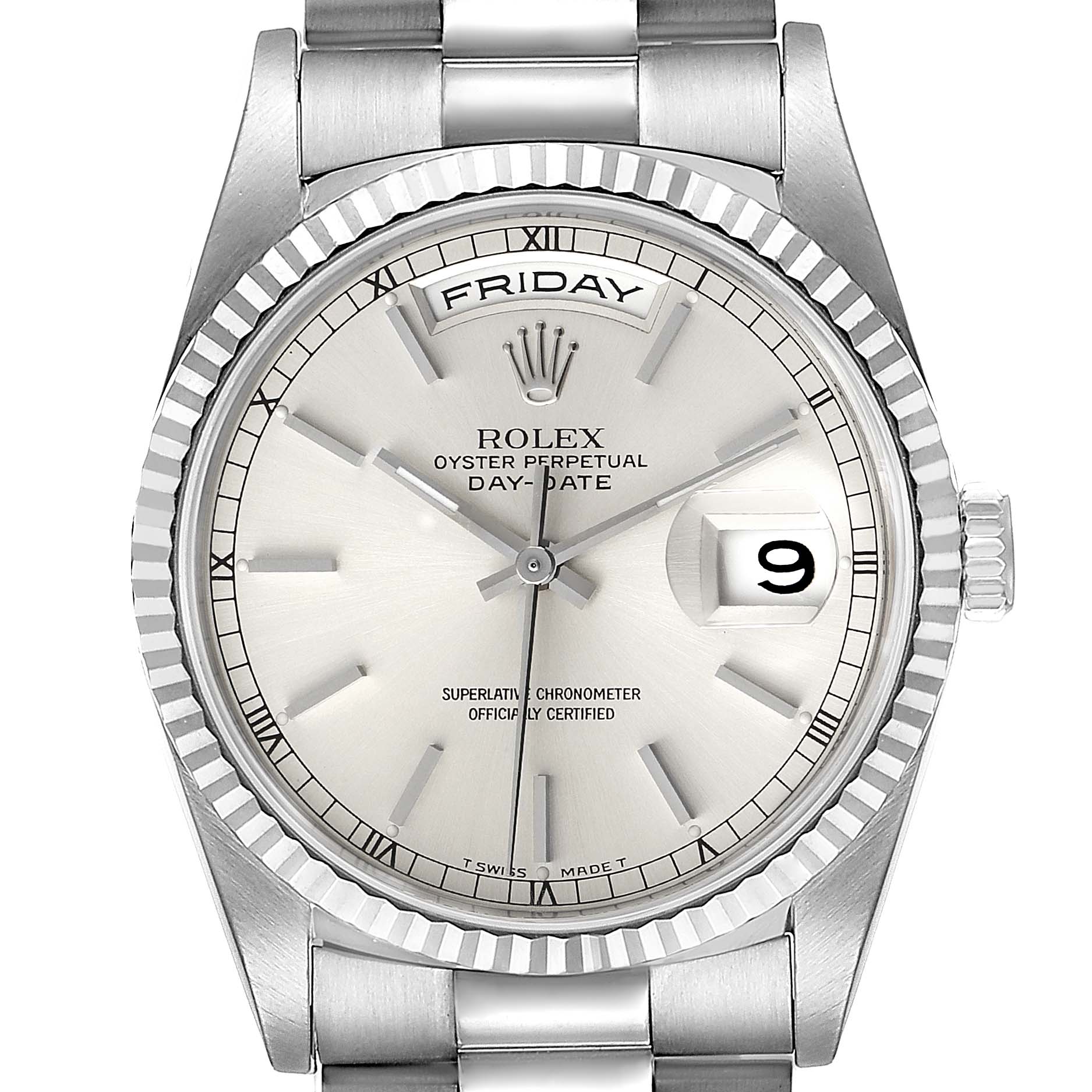 The image shows a front view of a Rolex President 18239 Men
s White Gold Silver Dial 18239 Men
s White Gold Silver Dial model watch, highlighting the dial, bezel, day-date display, and bracelet.