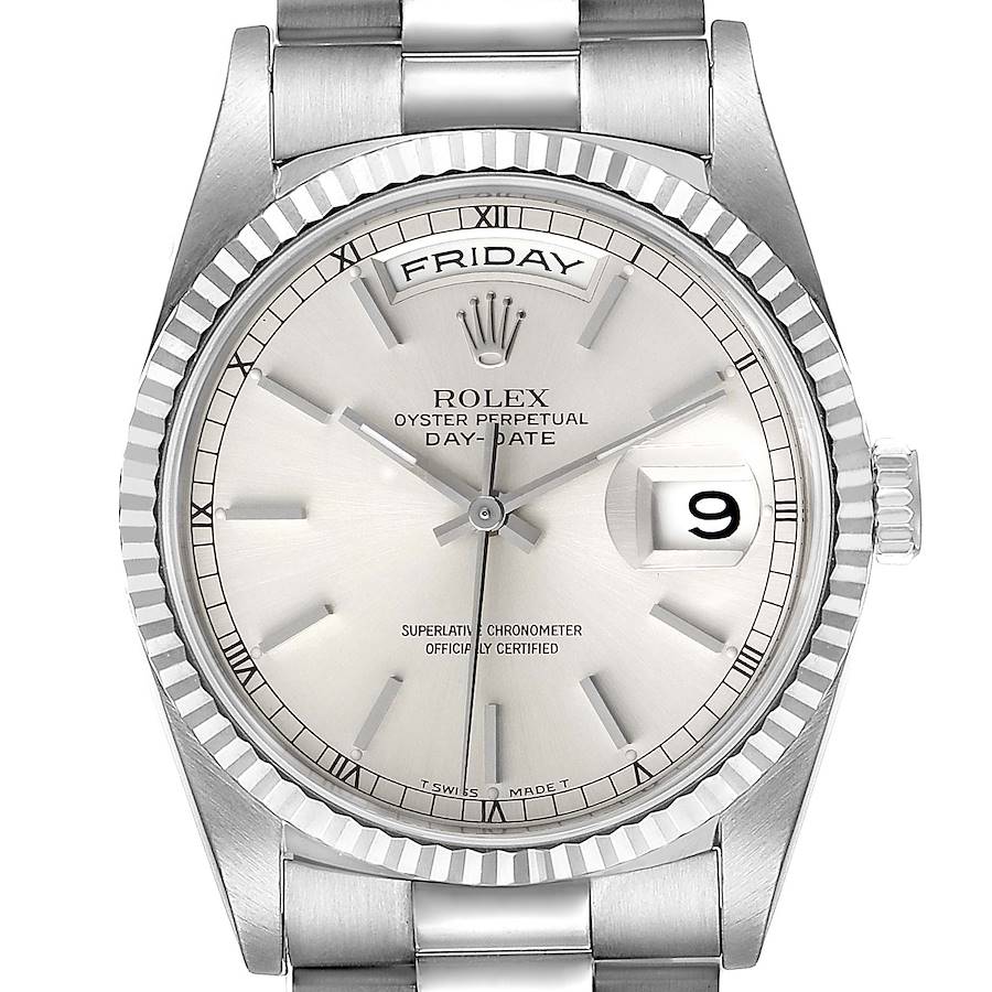 Rolex President Day-Date 36mm White Gold Silver Dial Mens Watch 18239 SwissWatchExpo