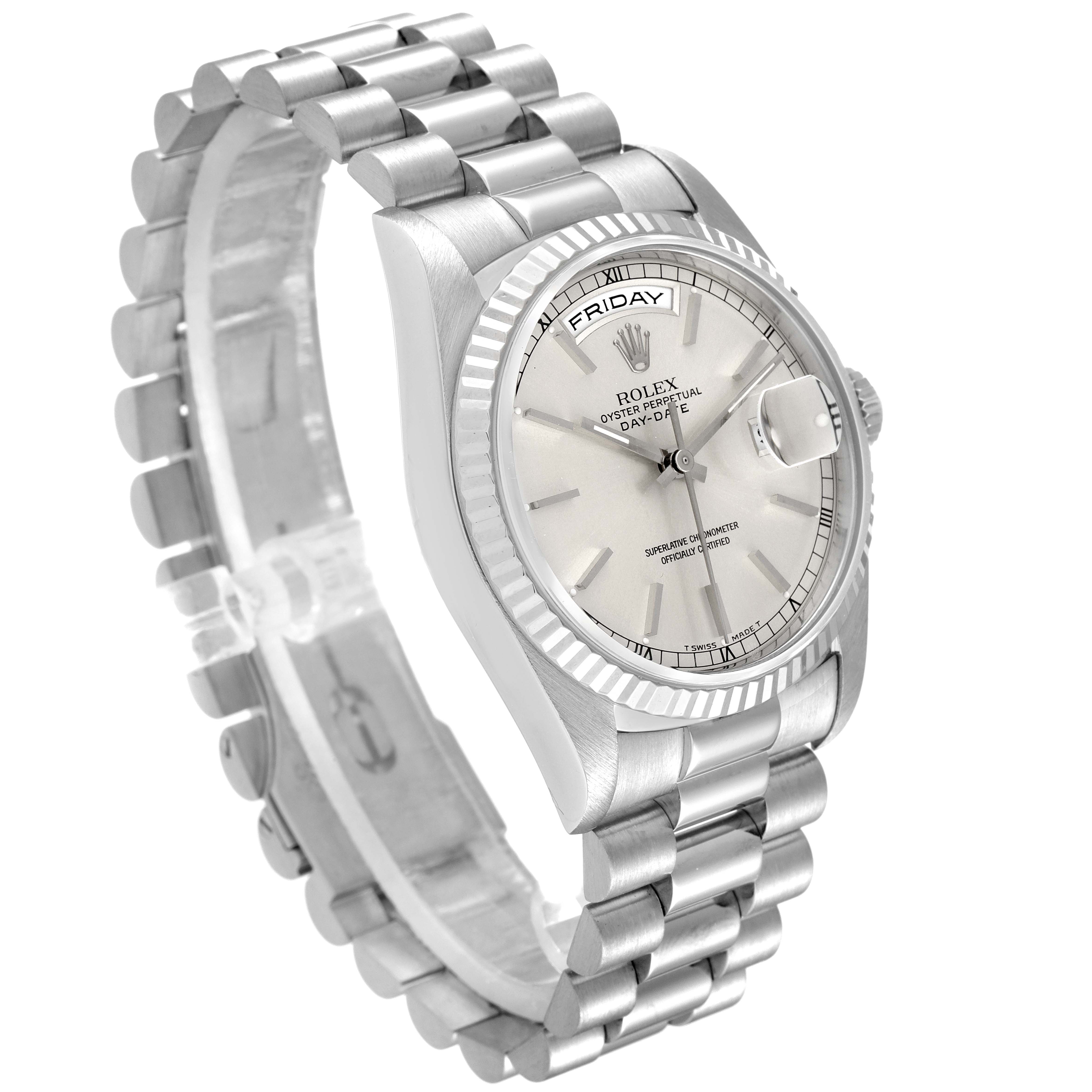 The image shows a side perspective of a Rolex President 18239 Men
s White Gold Silver Dial 18239 Men
s White Gold Silver Dial model watch, highlighting its bracelet, case, and dial.