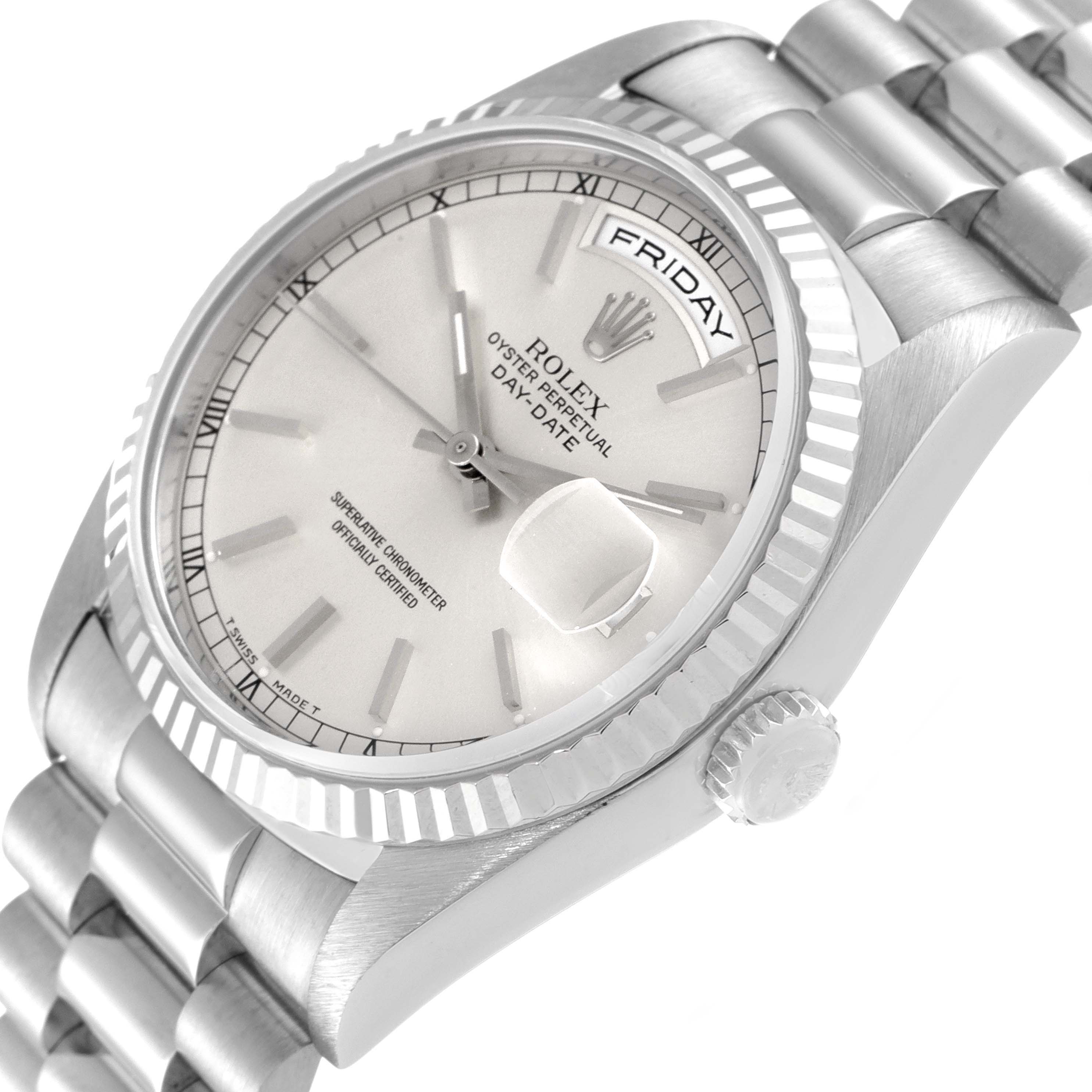 The photo shows a Rolex President 18239 Men
s White Gold Silver Dial 18239 Men
s White Gold Silver Dial model watch at an angled view, highlighting the dial, bezel, crown, and bracelet.