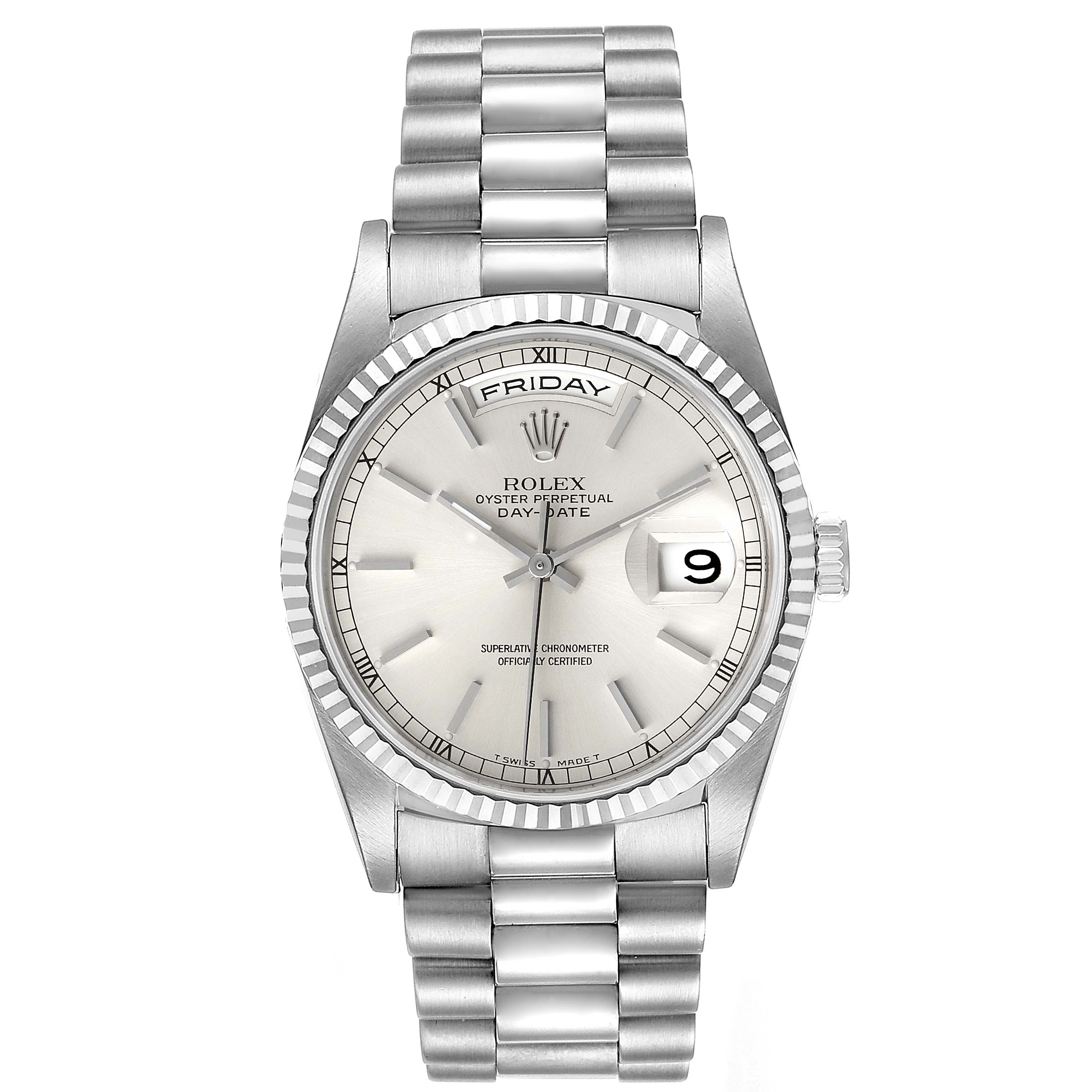 This is a top-down view of a Rolex President 18239 Men
s White Gold Silver Dial 18239 Men
s White Gold Silver Dial model watch, displaying the face, bracelet, and bezel.