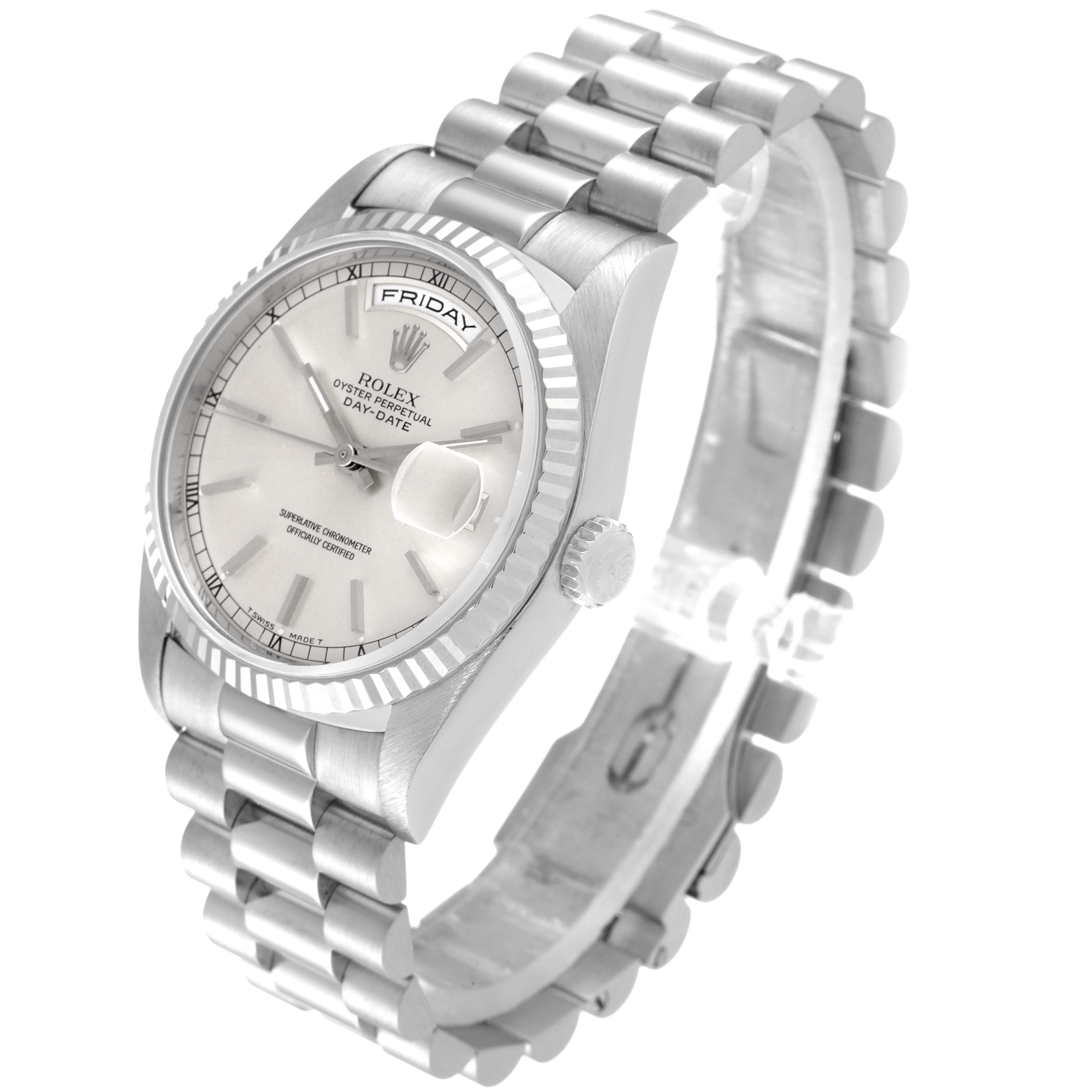 This image shows a Rolex President 18239 Men
s White Gold Silver Dial 18239 Men
s White Gold Silver Dial model watch from a three-quarter angle, displaying the face, bracelet, and crown.