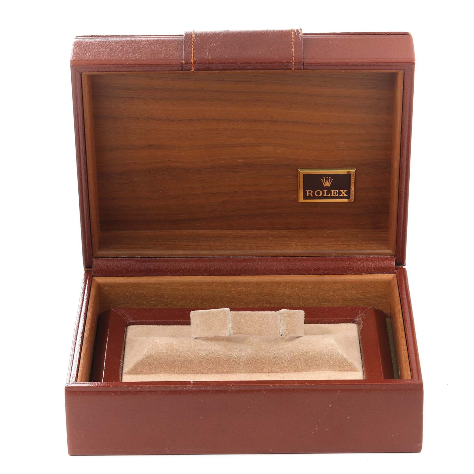 This is an open watch box for the Rolex President 18239 Men
s White Gold Silver Dial 18239 Men
s White Gold Silver Dial model, showing the interior and Rolex logo.