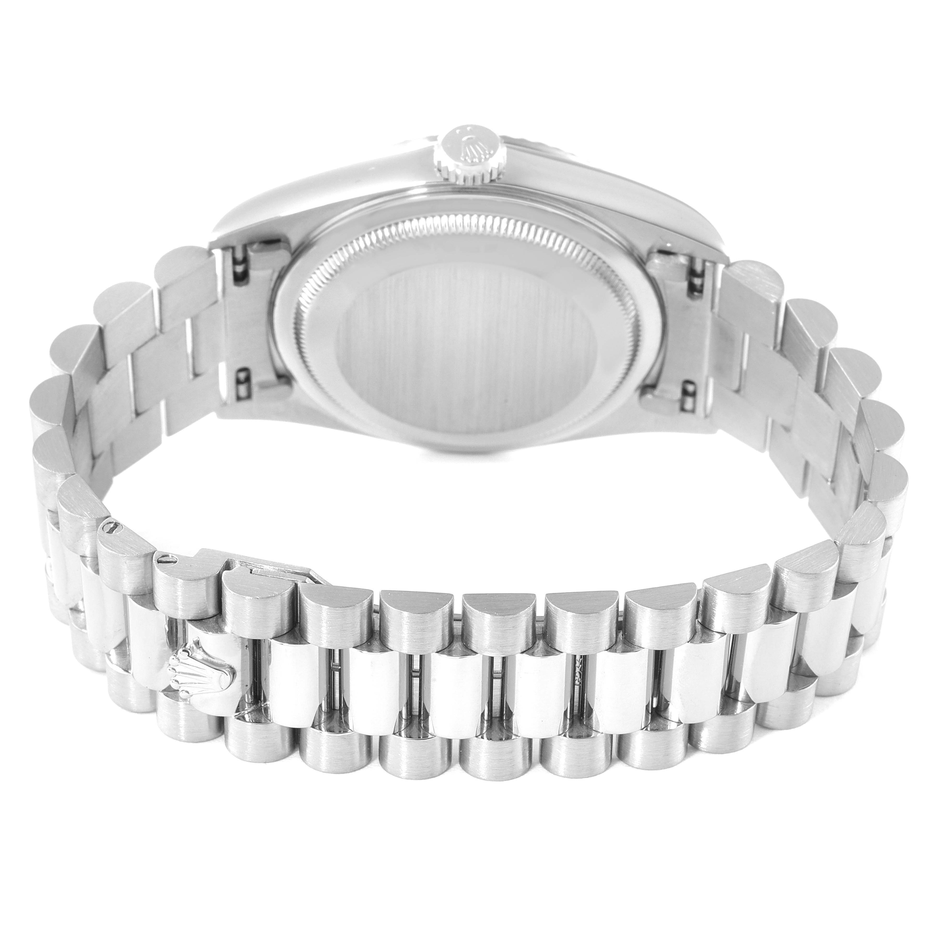 This image shows the back of the Rolex President 18239 Men
s White Gold Silver Dial 18239 Men
s White Gold Silver Dial model watch, highlighting the bracelet and case back.