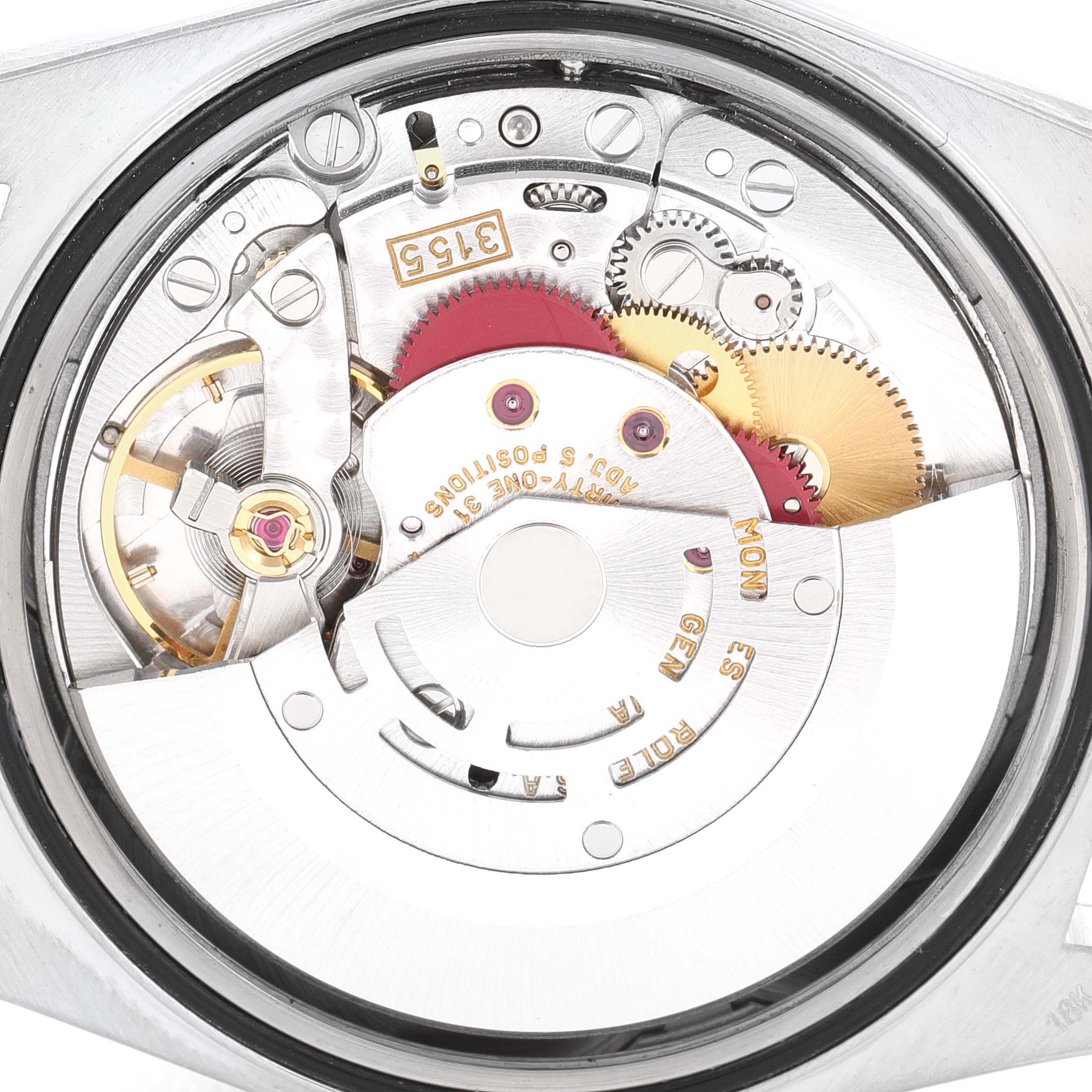 This image shows the internal movement mechanism of the Rolex President 18239 Men
s White Gold Silver Dial 18239 Men
s White Gold Silver Dial model watch, viewed from the back.