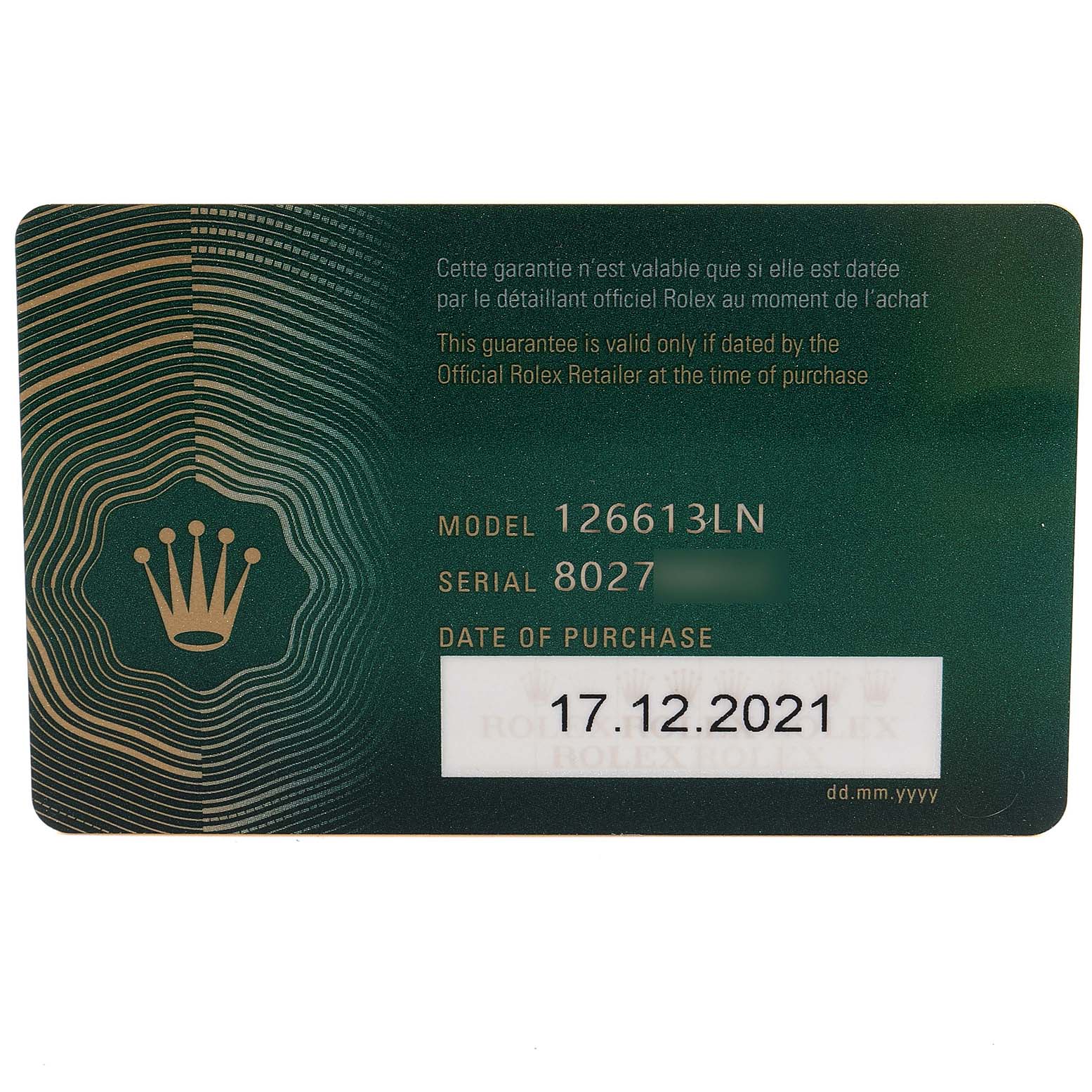 This image shows the warranty card for a Rolex Submariner 126613 Men's Steel and Gold (two tone) Black Dial 126613 Men's Steel and Gold (two tone) Black Dial model 126613LN.