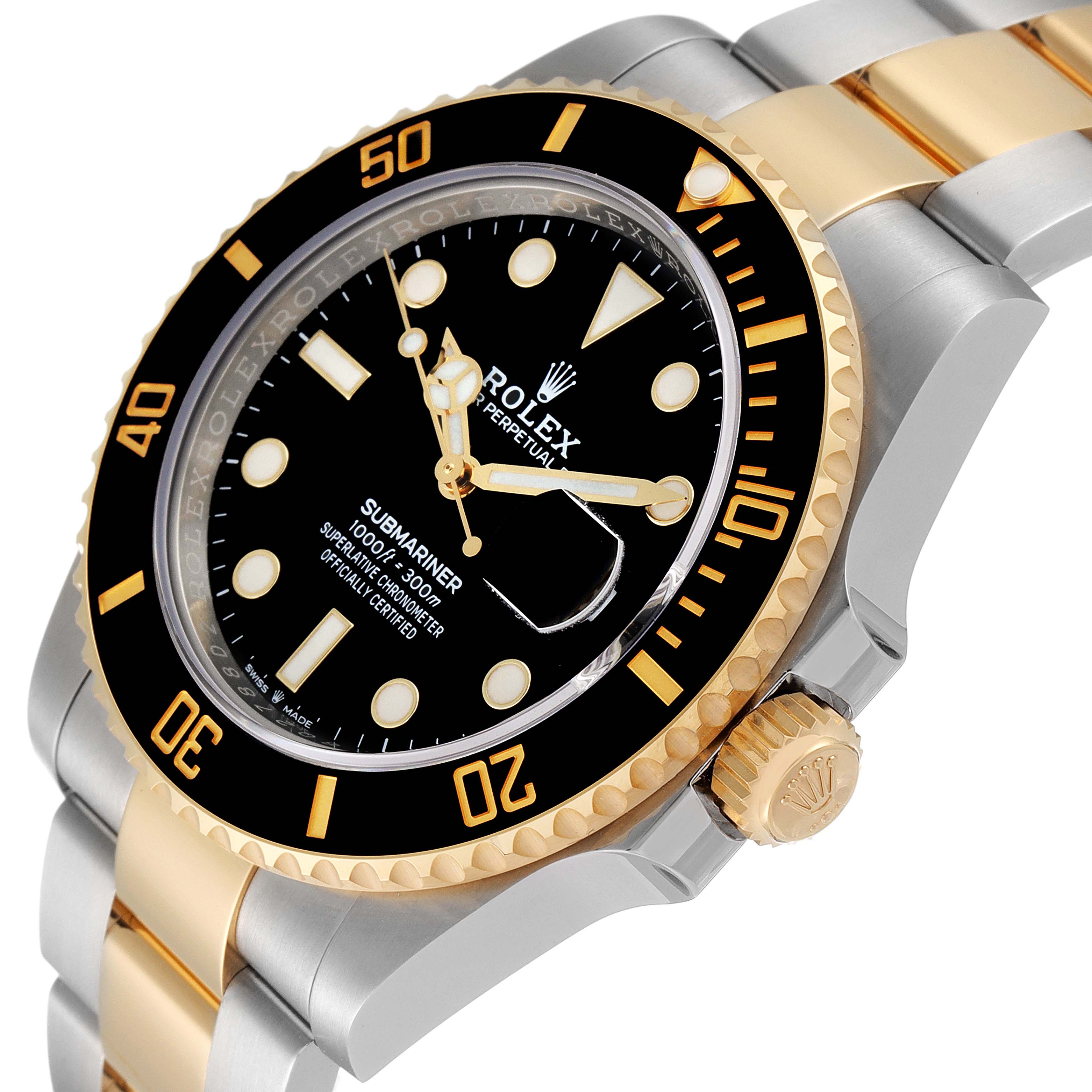 The image shows a close-up angle of the Rolex Submariner 126613 Men's Steel and Gold (two tone) Black Dial 126613 Men's Steel and Gold (two tone) Black Dial, highlighting its bezel, dial, and two-tone bracelet.