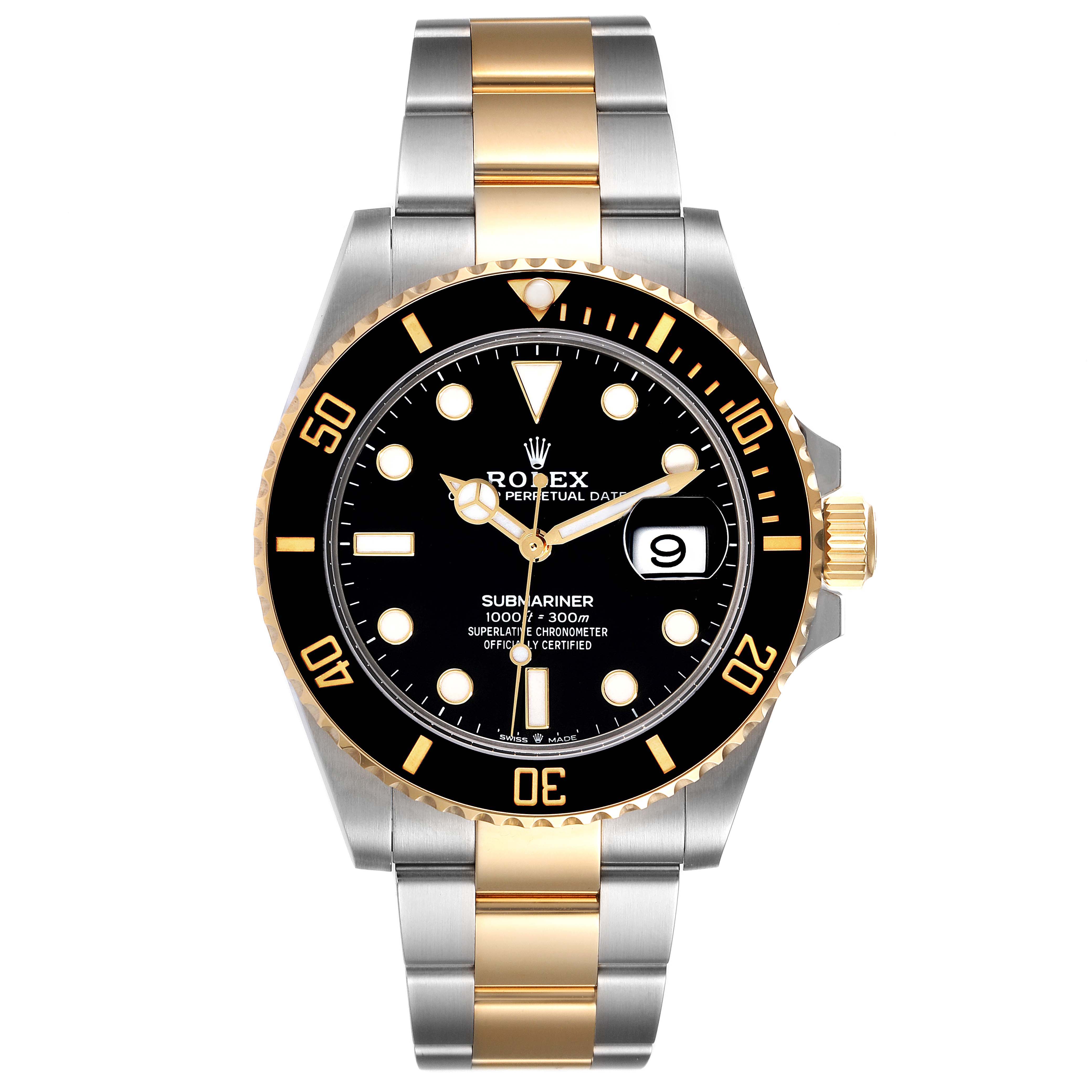 The image shows a front view of the Rolex Submariner 126613 Men's Steel and Gold (two tone) Black Dial 126613 Men's Steel and Gold (two tone) Black Dial watch with a black dial, two-tone bezel, and bracelet.