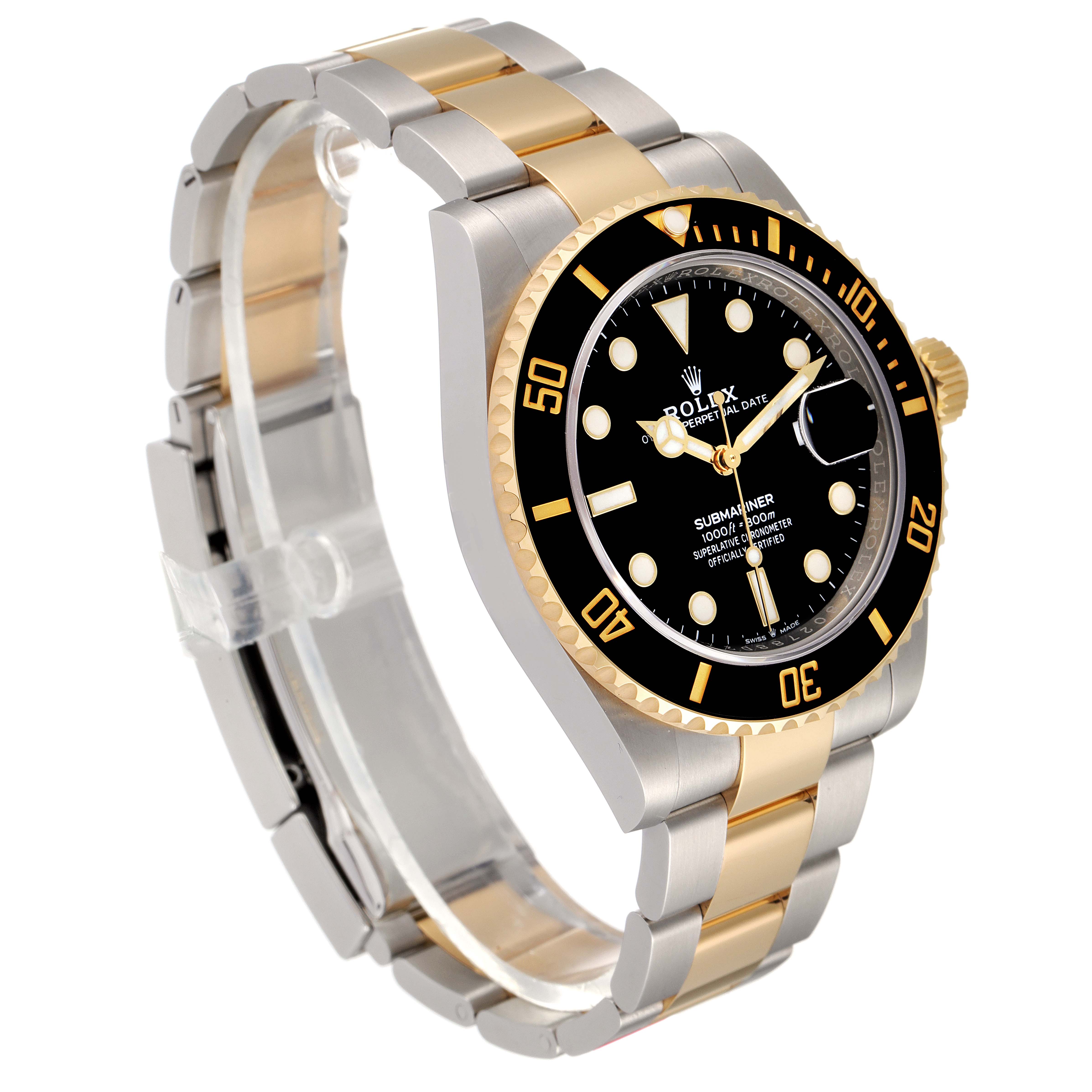 The Rolex Submariner 126613 Men's Steel and Gold (two tone) Black Dial 126613 Men's Steel and Gold (two tone) Black Dial watch is shown at an angled side view, highlighting its bezel, dial, and two-tone metal bracelet.