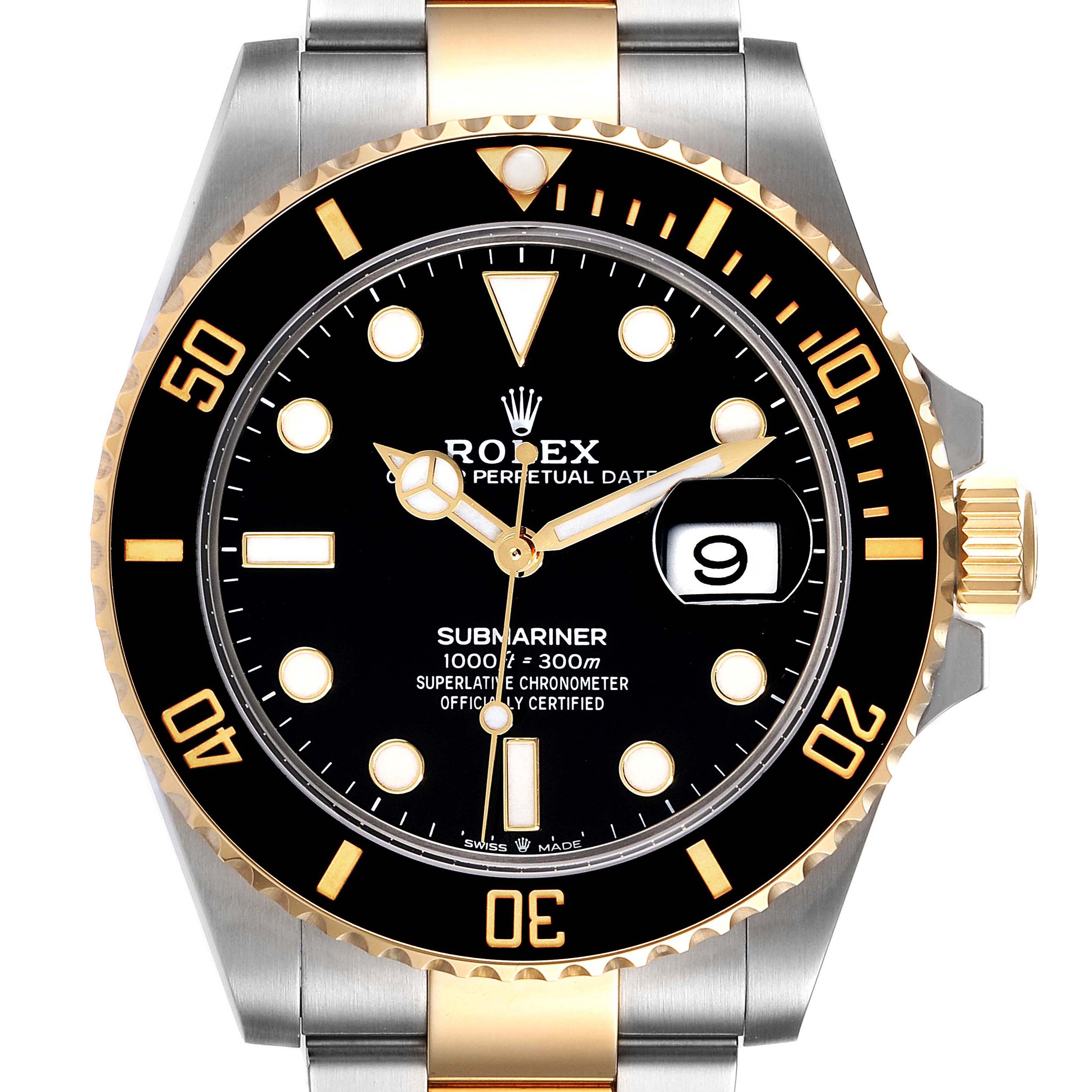 This image shows a close-up front view of a Rolex Submariner 126613 Men's Steel and Gold (two tone) Black Dial 126613 Men's Steel and Gold (two tone) Black Dial, highlighting its black dial, bezel, and the two-tone bracelet.