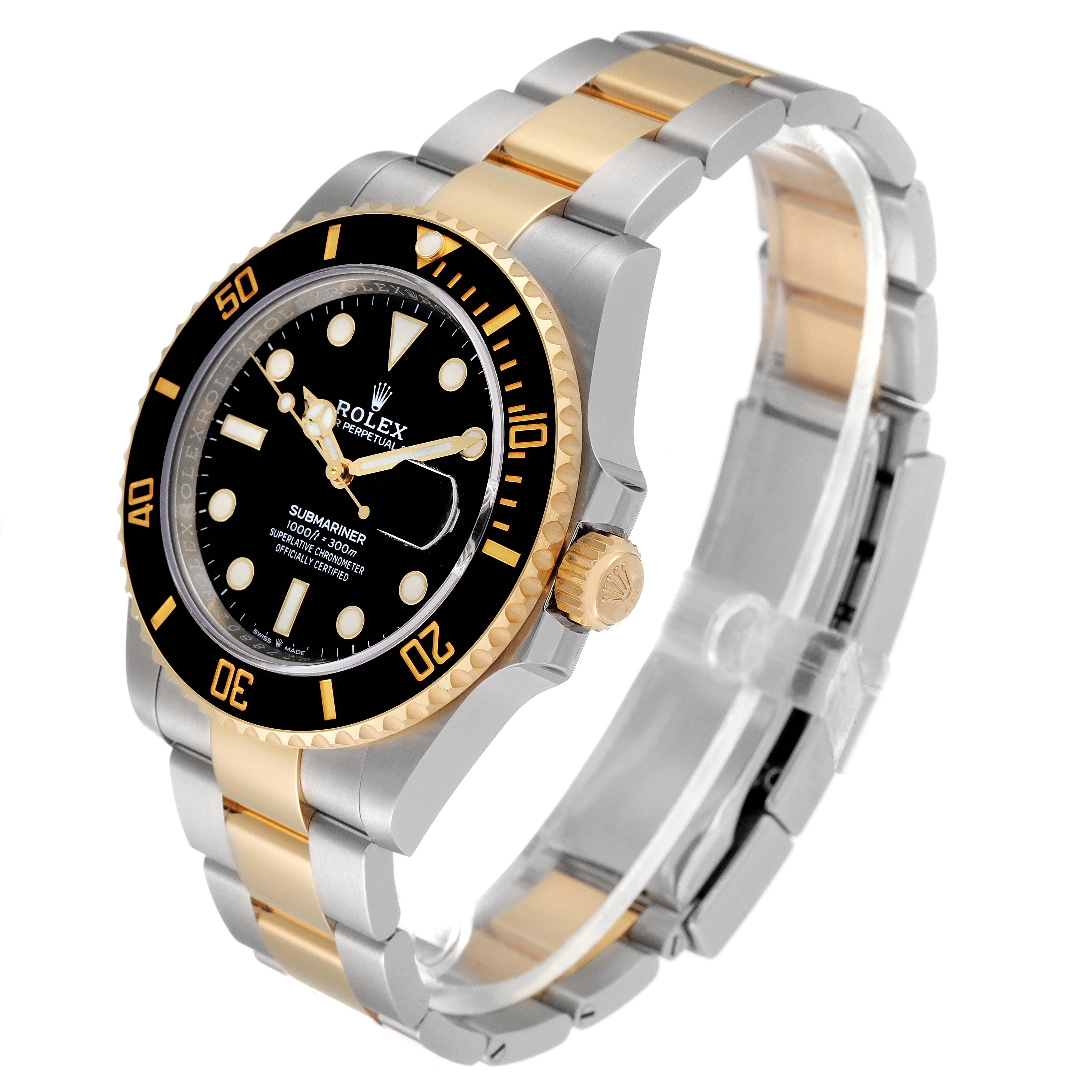 The image shows a Rolex Submariner 126613 Men's Steel and Gold (two tone) Black Dial 126613 Men's Steel and Gold (two tone) Black Dial watch from an angled side view, highlighting the bezel, dial, and two-tone bracelet.