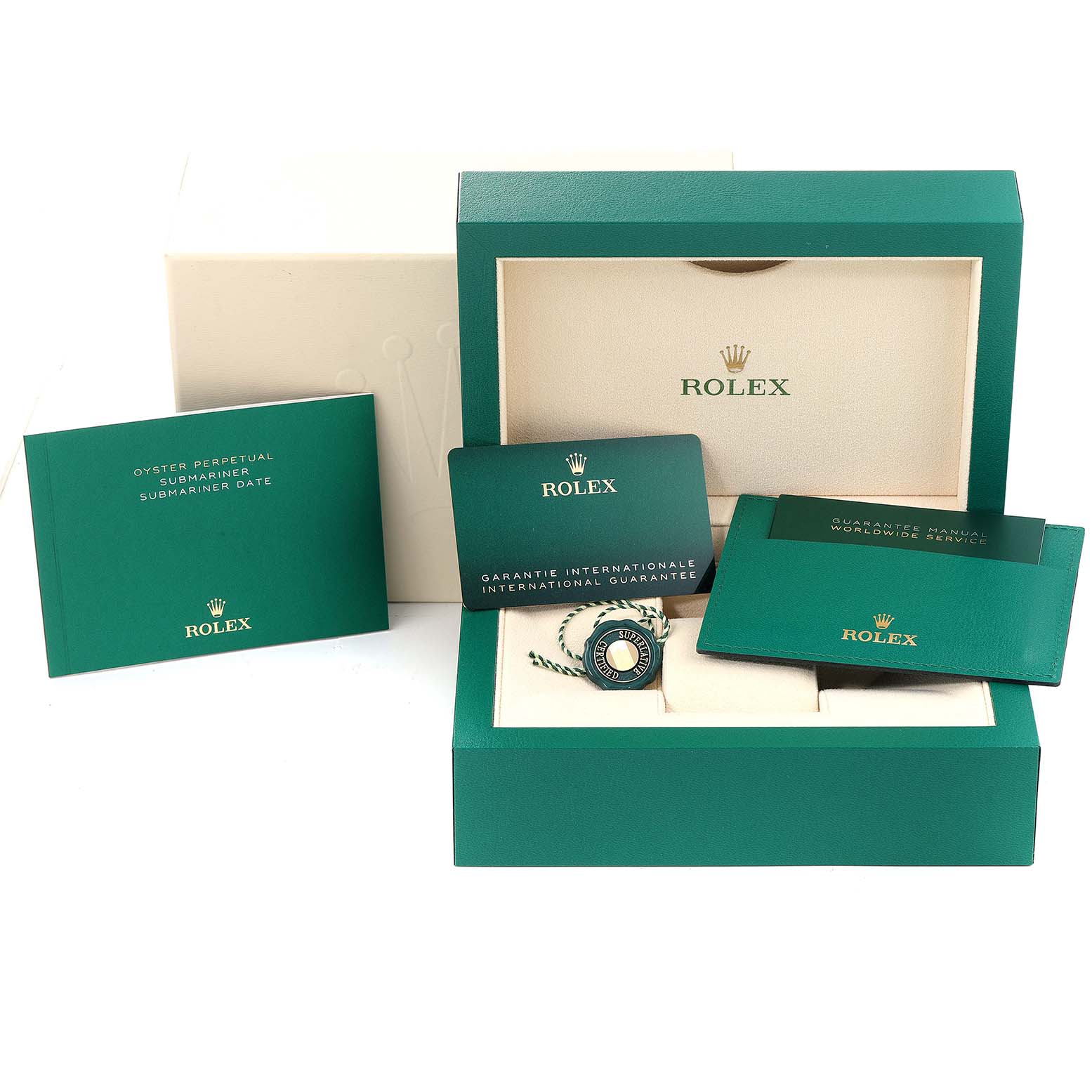 The image shows the packaging, warranty cards, manual, tag, and box for the Rolex Submariner 126613 Men's Steel and Gold (two tone) Black Dial 126613 Men's Steel and Gold (two tone) Black Dial watch model.