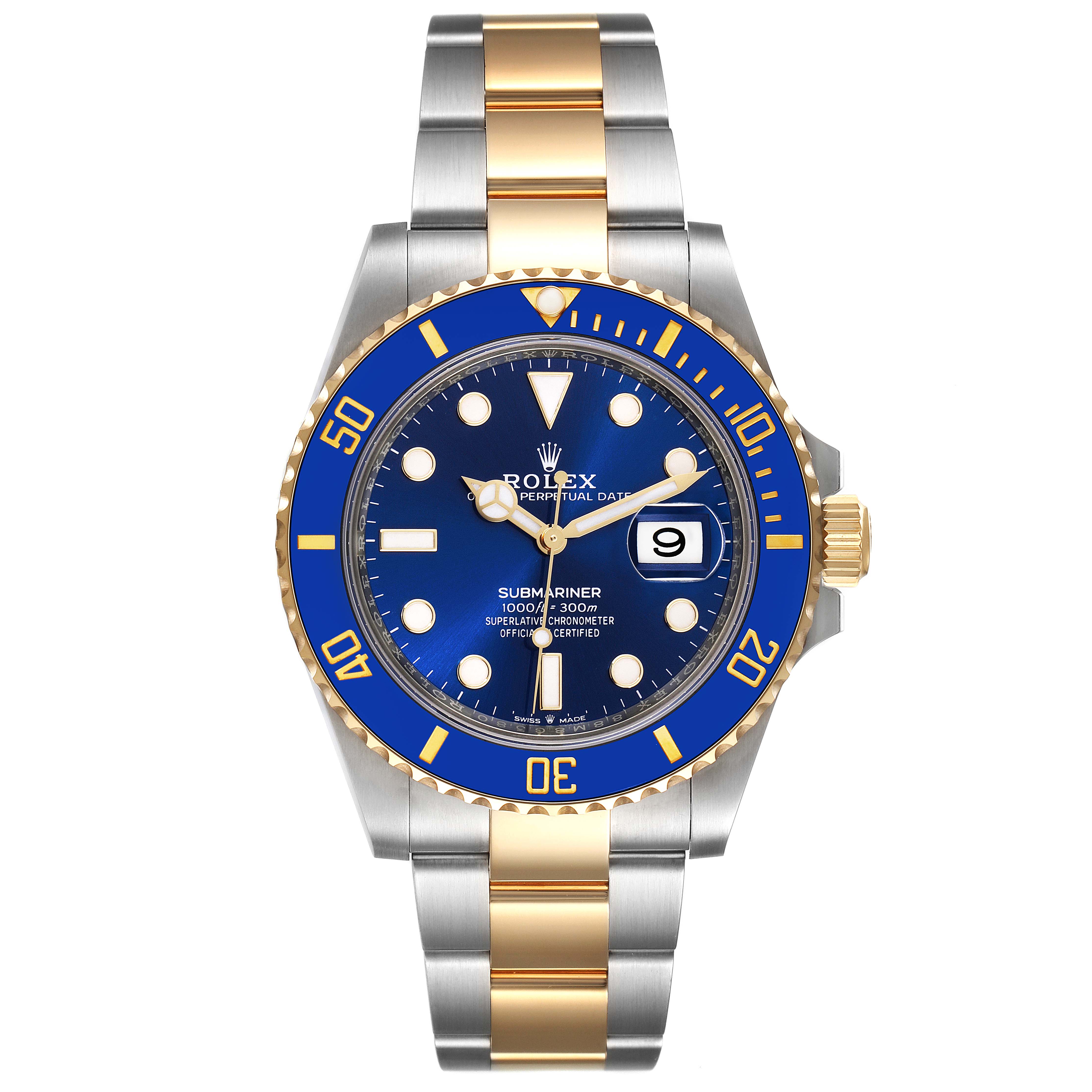 The image shows a front view of a Rolex Submariner 126613 Men's Steel and Gold (two tone) Blue Dial 126613 Men's Steel and Gold (two tone) Blue Dial watch, highlighting its blue dial, gold accents, and stainless steel bracelet.