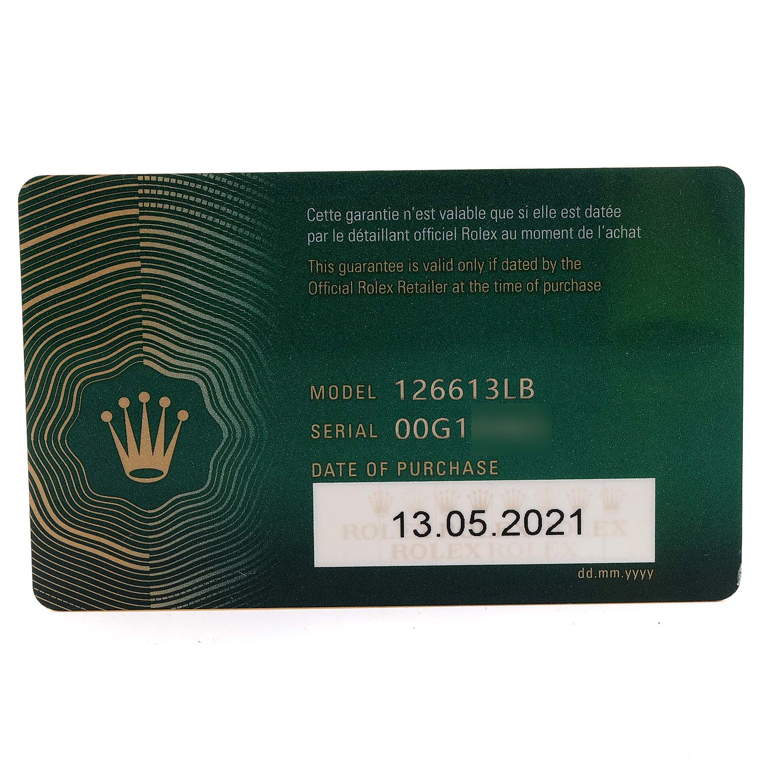 This image shows the warranty card for a Rolex Submariner 126613 Men's Steel and Gold (two tone) Blue Dial 126613 Men's Steel and Gold (two tone) Blue Dial model 126613LB, including the model and serial number, and date of purchase.