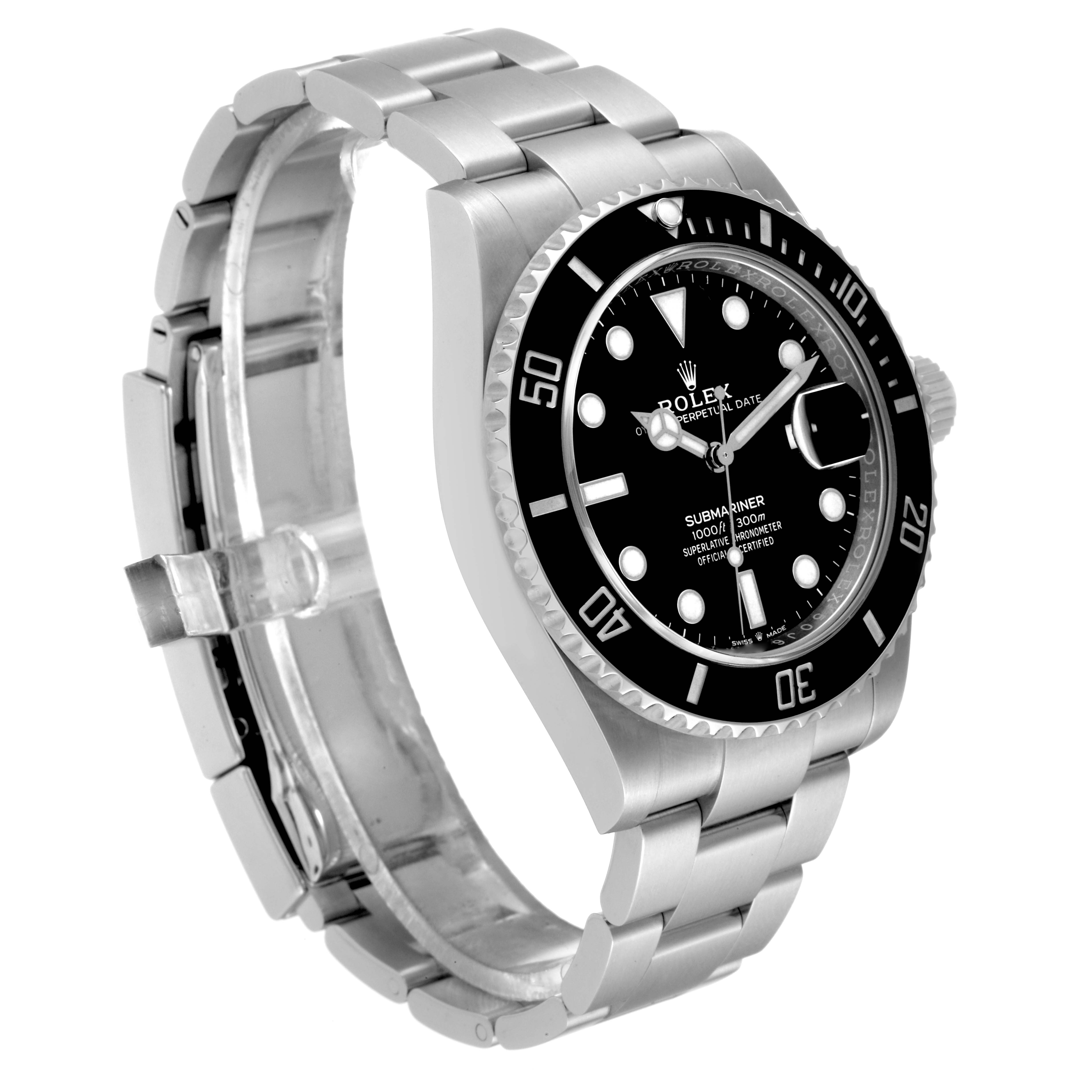 The Rolex Submariner 126610LN Men
s Stainless Steel Black Dial 126610LN Men
s Stainless Steel Black Dial watch is shown at an angle highlighting its face, bezel, crown, and bracelet.