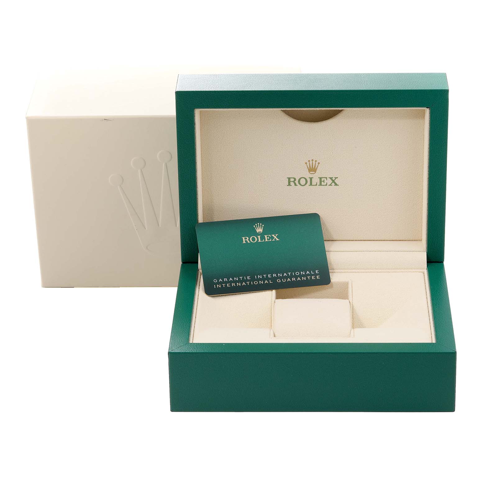 The image shows the open box and international guarantee card for a Rolex Submariner 126610LN Men
s Stainless Steel Black Dial 126610LN Men
s Stainless Steel Black Dial watch.