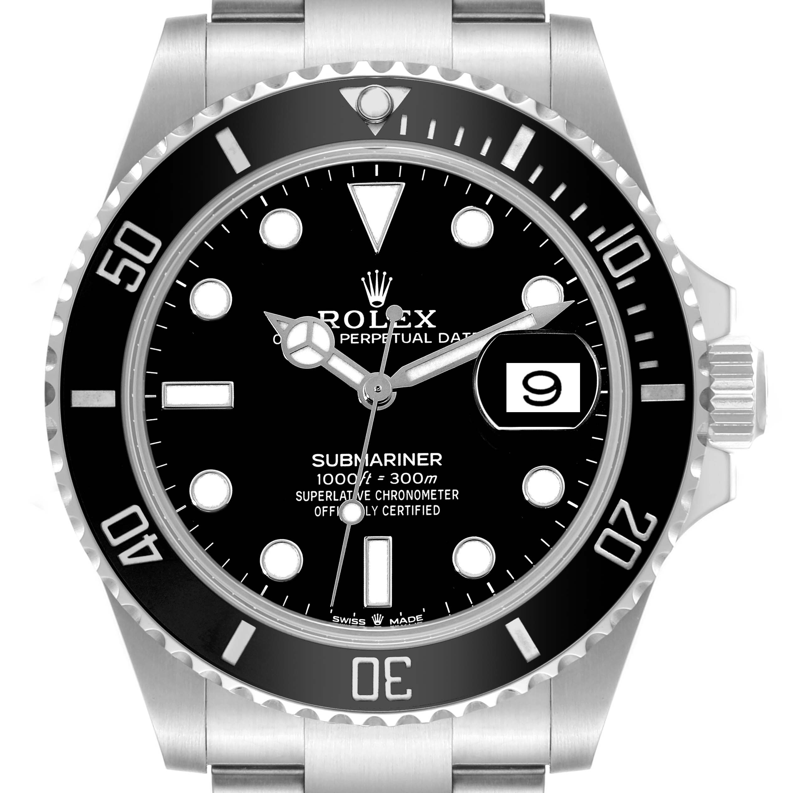This image shows a front view of the Rolex Submariner 126610LN Men
s Stainless Steel Black Dial 126610LN Men
s Stainless Steel Black Dial, highlighting the watch face, bezel, crown, and part of the bracelet.