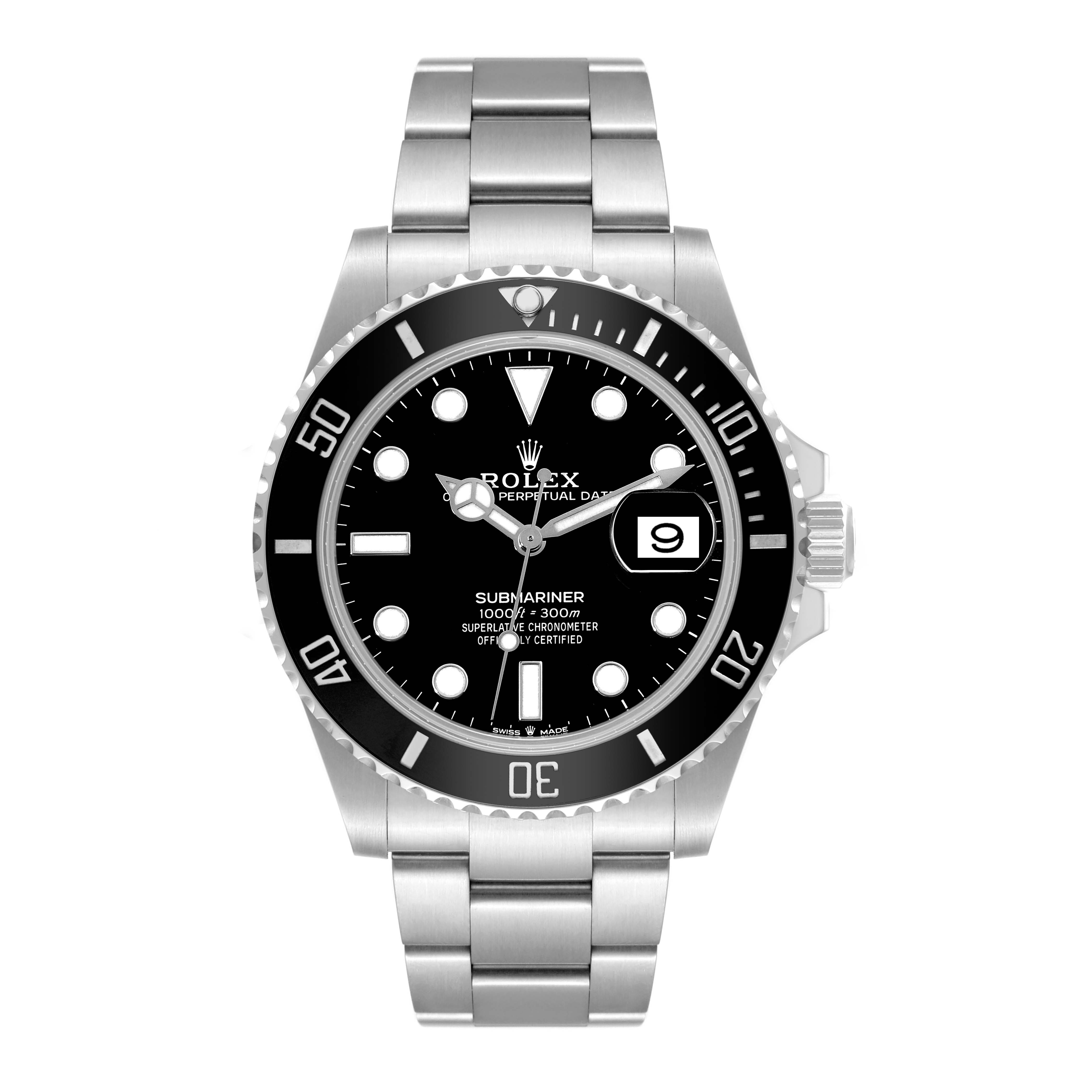 This image shows a front view of a Rolex Submariner 126610LN Men
s Stainless Steel Black Dial 126610LN Men
s Stainless Steel Black Dial watch, displaying its dial, bezel, and stainless steel bracelet.