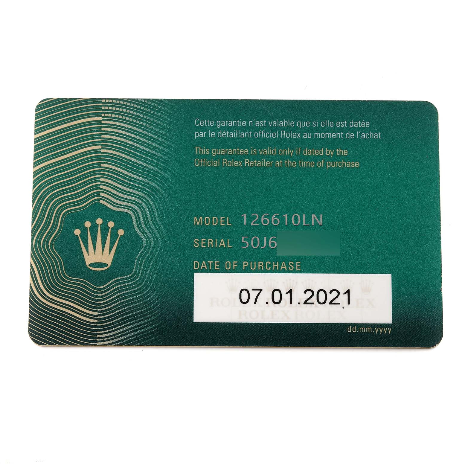 This image shows a warranty card for a Rolex Submariner 126610LN Men
s Stainless Steel Black Dial 126610LN Men
s Stainless Steel Black Dial model 126610LN, displaying the serial number and date of purchase.