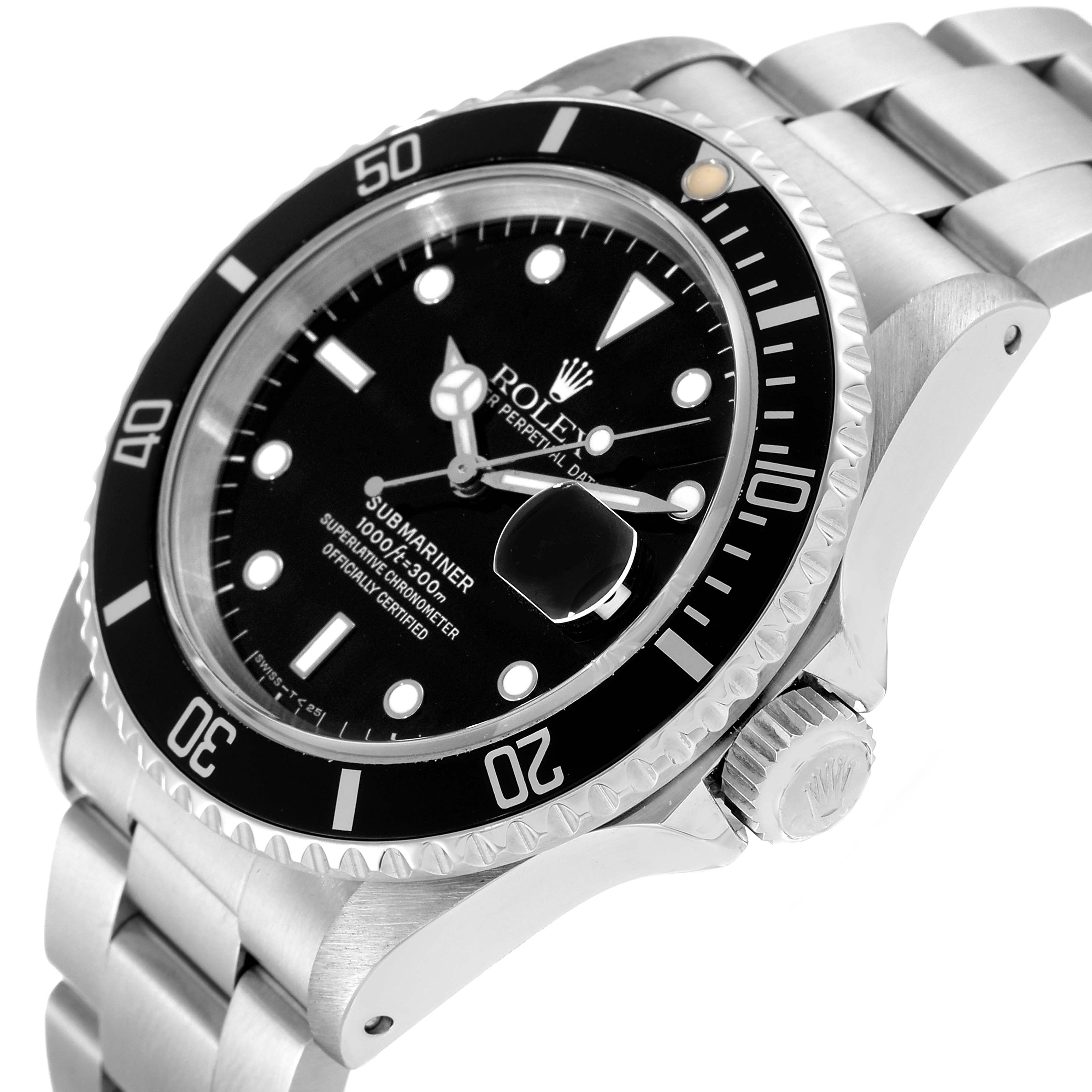 The image shows a close-up angled view of the Rolex Submariner 16610 Men
s Stainless Steel Black Dial 16610 Men
s Stainless Steel Black Dial watch, highlighting the black dial, bezel, crown, and bracelet.